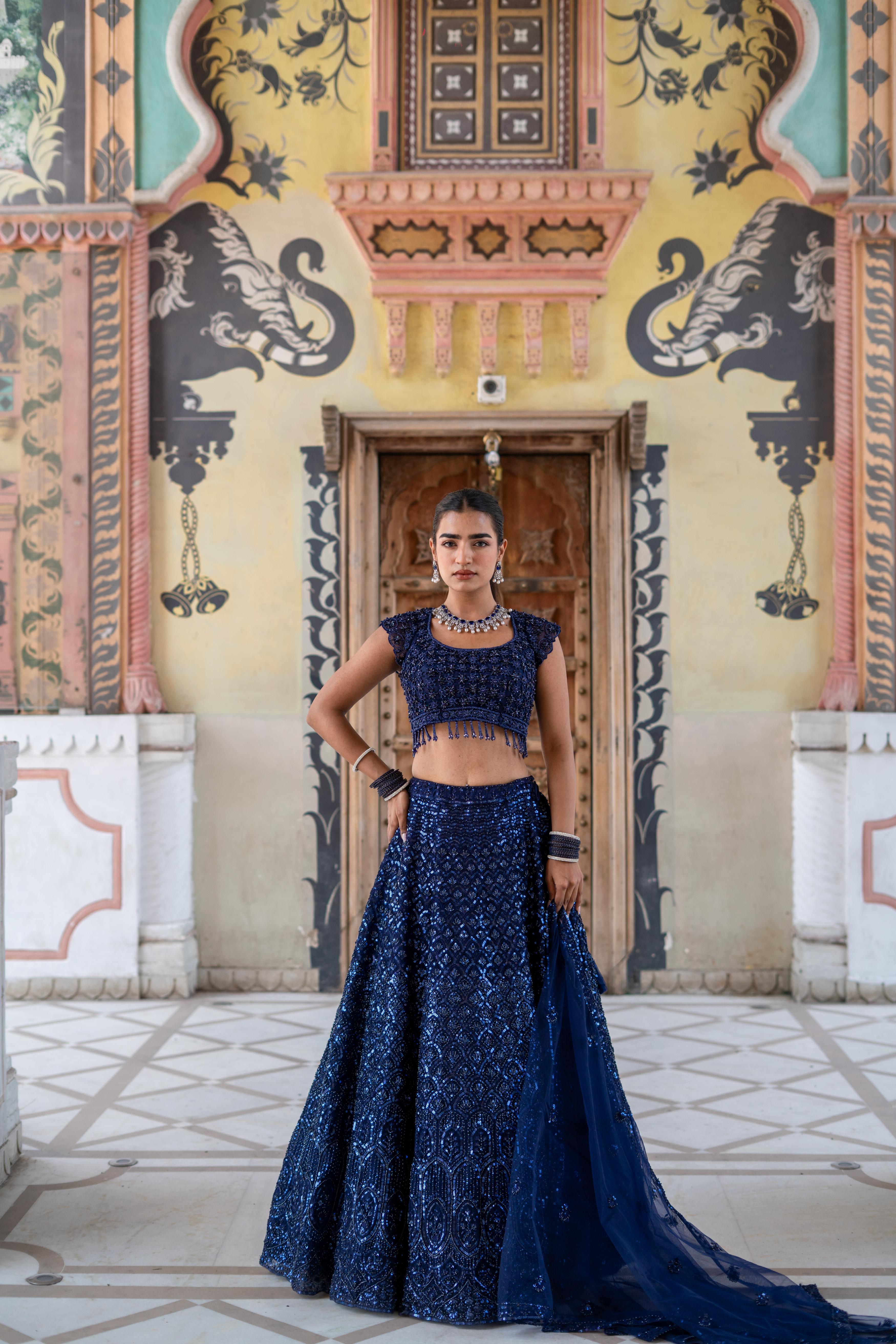 Navy Blue Sequin Embroidered Lehenga with Cap-Sleeve Blouse!