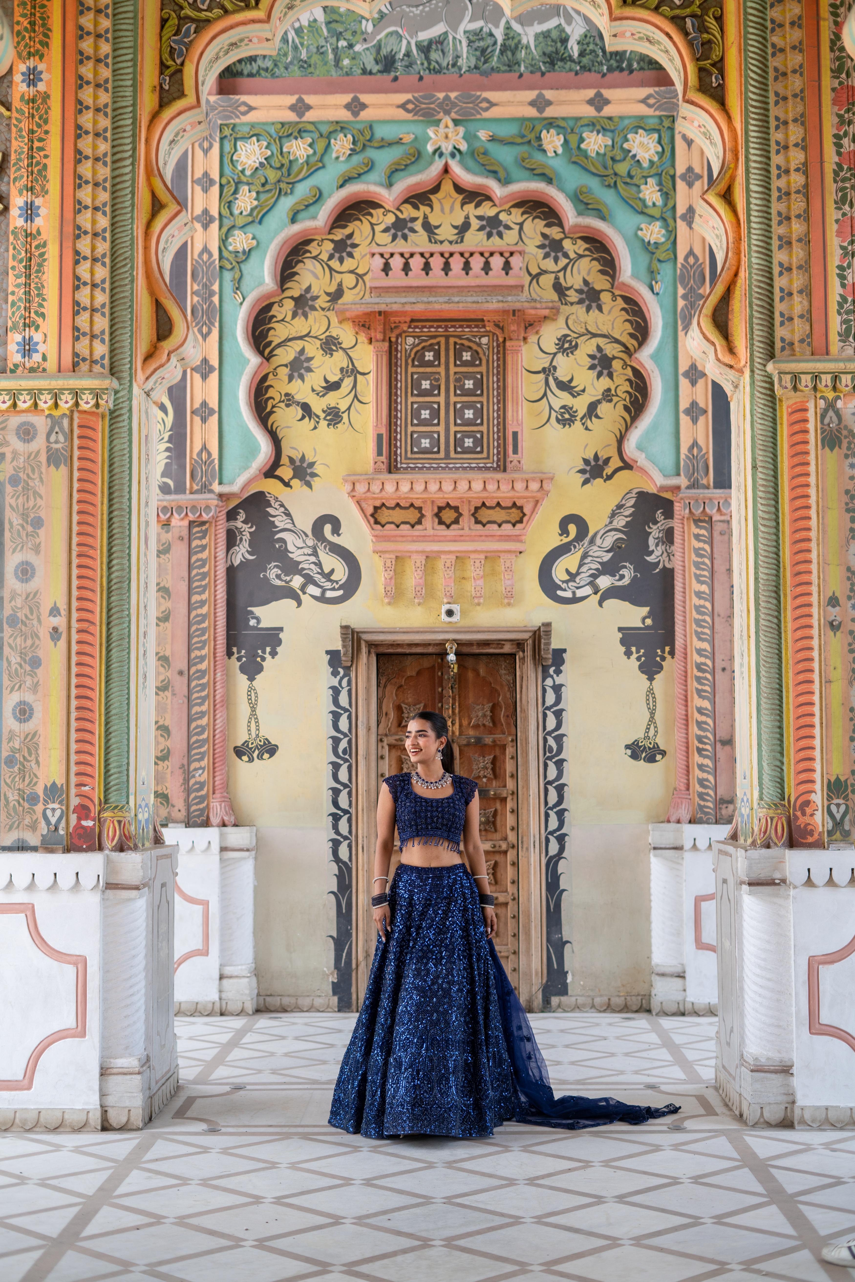 Navy Blue Sequin Embroidered Lehenga with Cap-Sleeve Blouse!