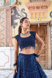 Navy Blue Sequin Embroidered Lehenga with Cap-Sleeve Blouse!