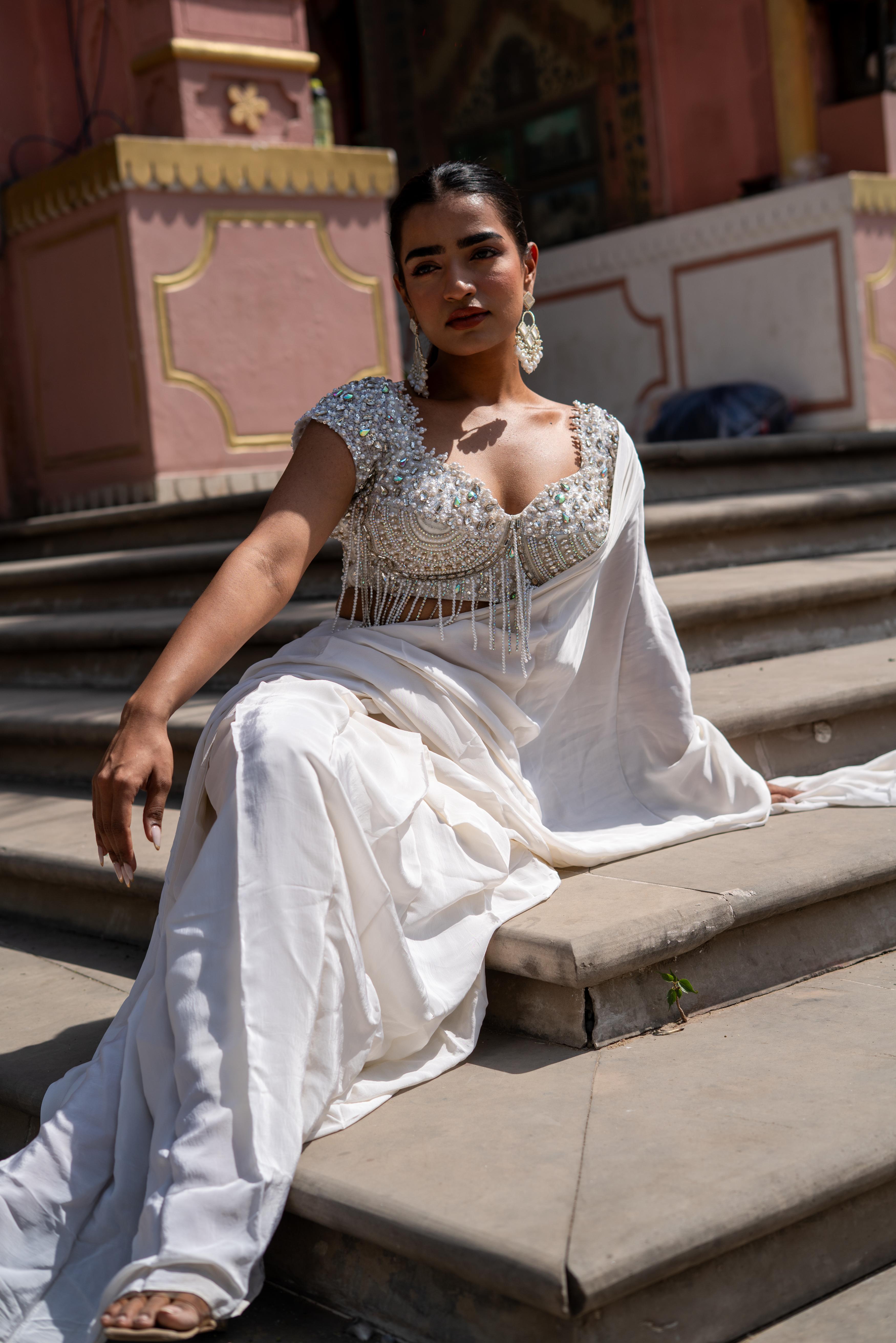 Ivory Draped Saree with Embellished Blouse!
