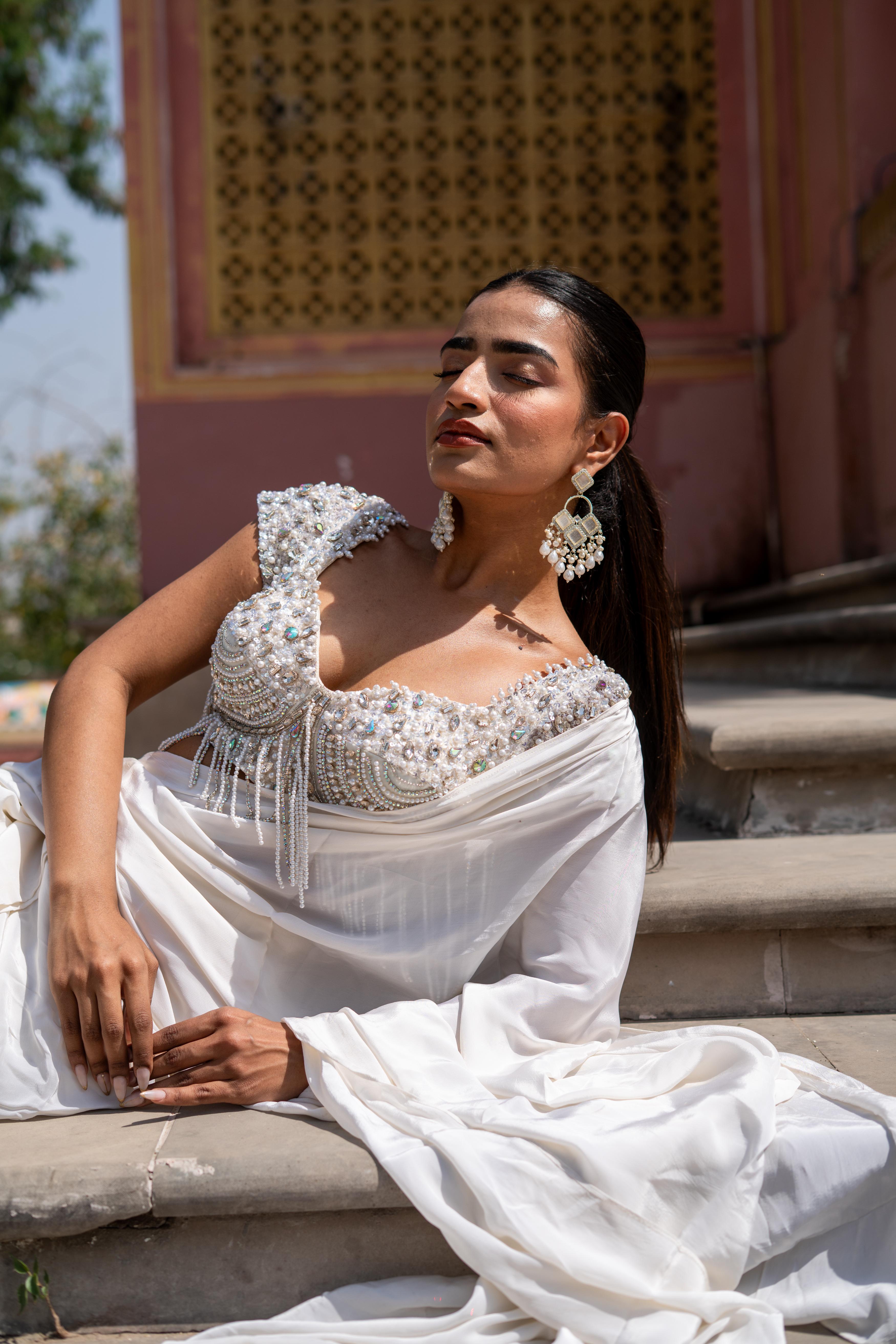 Ivory Draped Saree with Embellished Blouse!