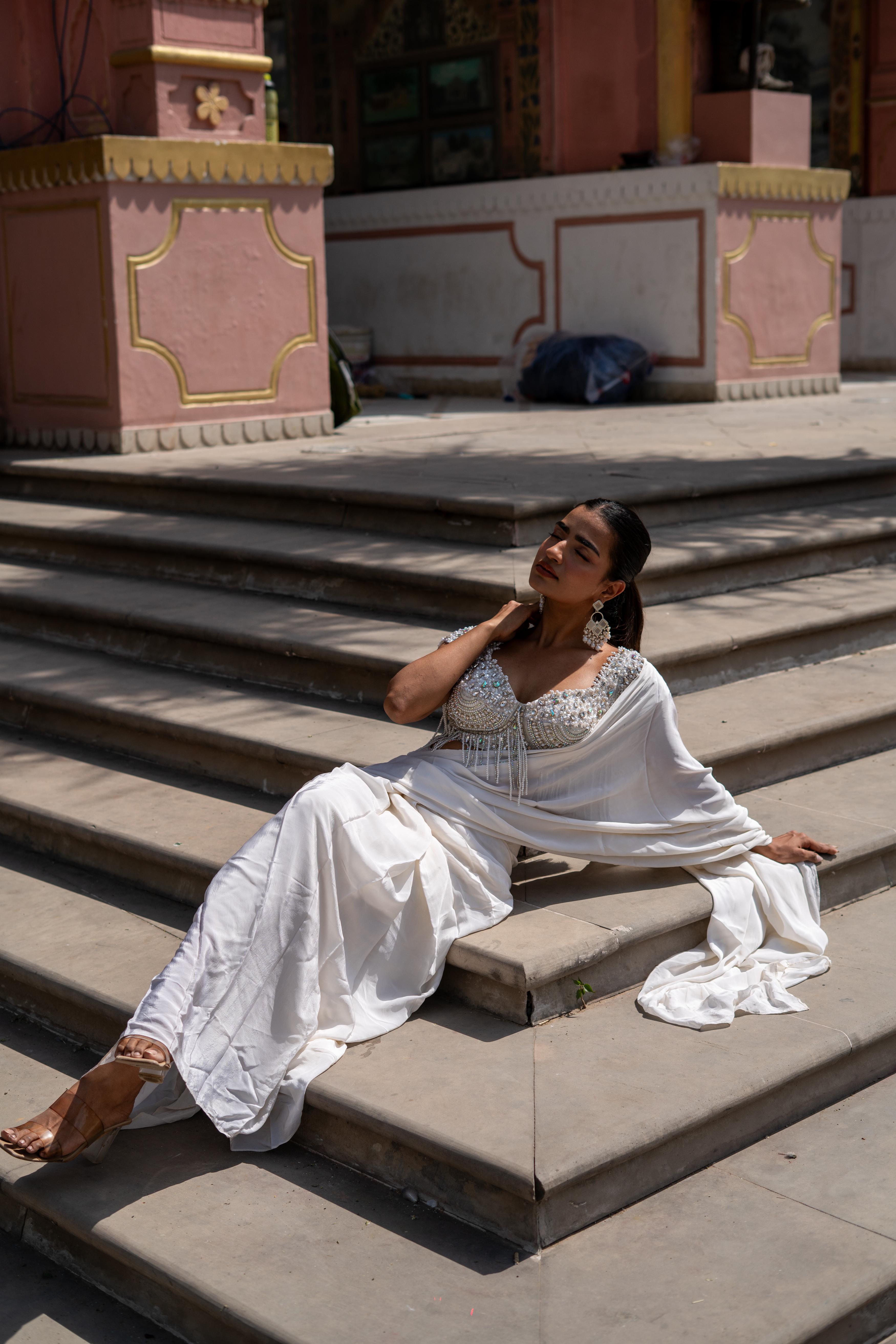 Ivory Draped Saree with Embellished Blouse!