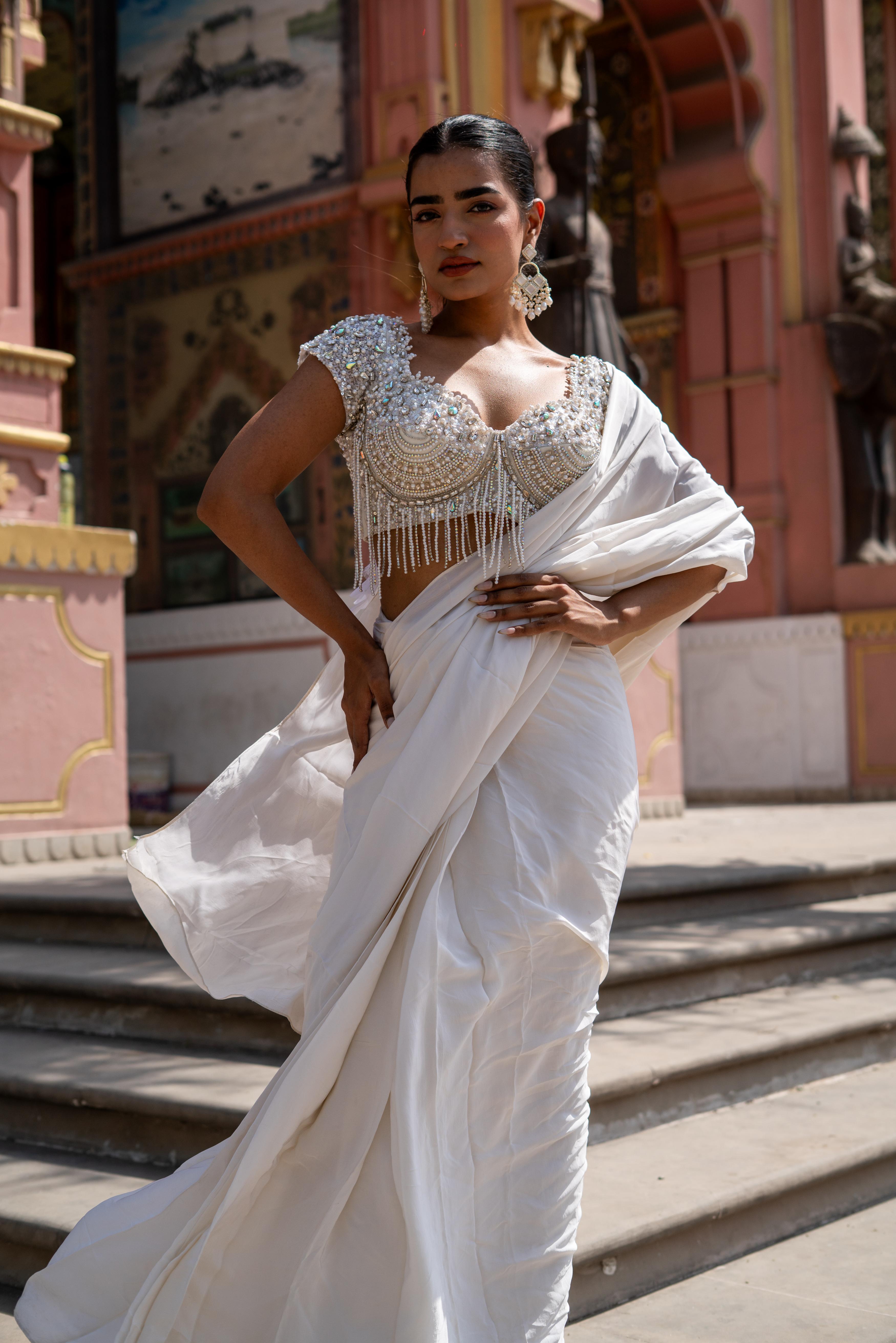Ivory Draped Saree with Embellished Blouse!