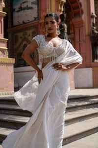 Ivory Draped Saree with Embellished Blouse!