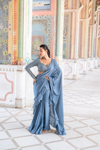 Steel Blue Frill Saree With Embellished Blouse !