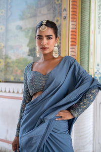 Steel Blue Frill Saree With Embellished Blouse !