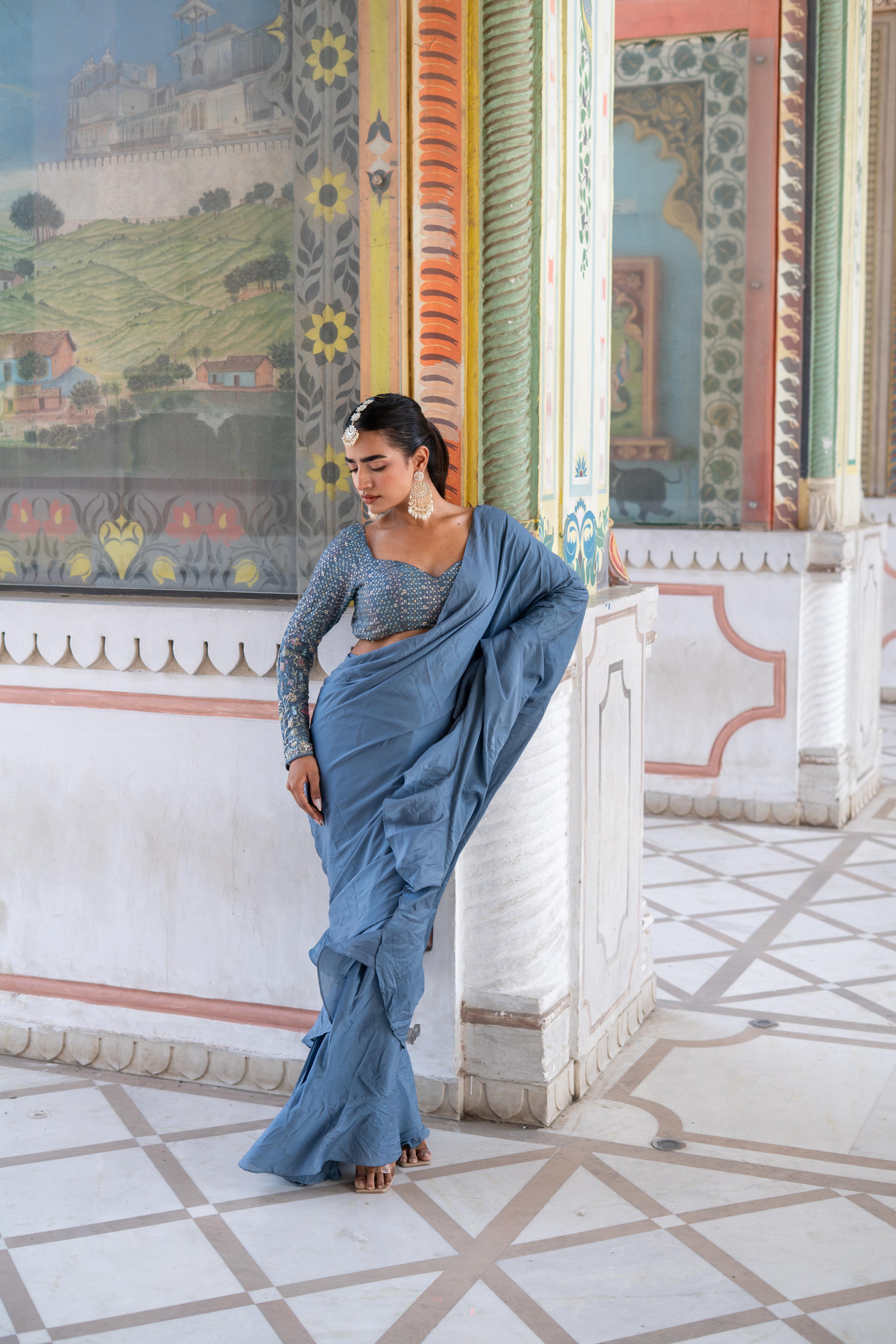 Steel Blue Frill Saree With Embellished Blouse !