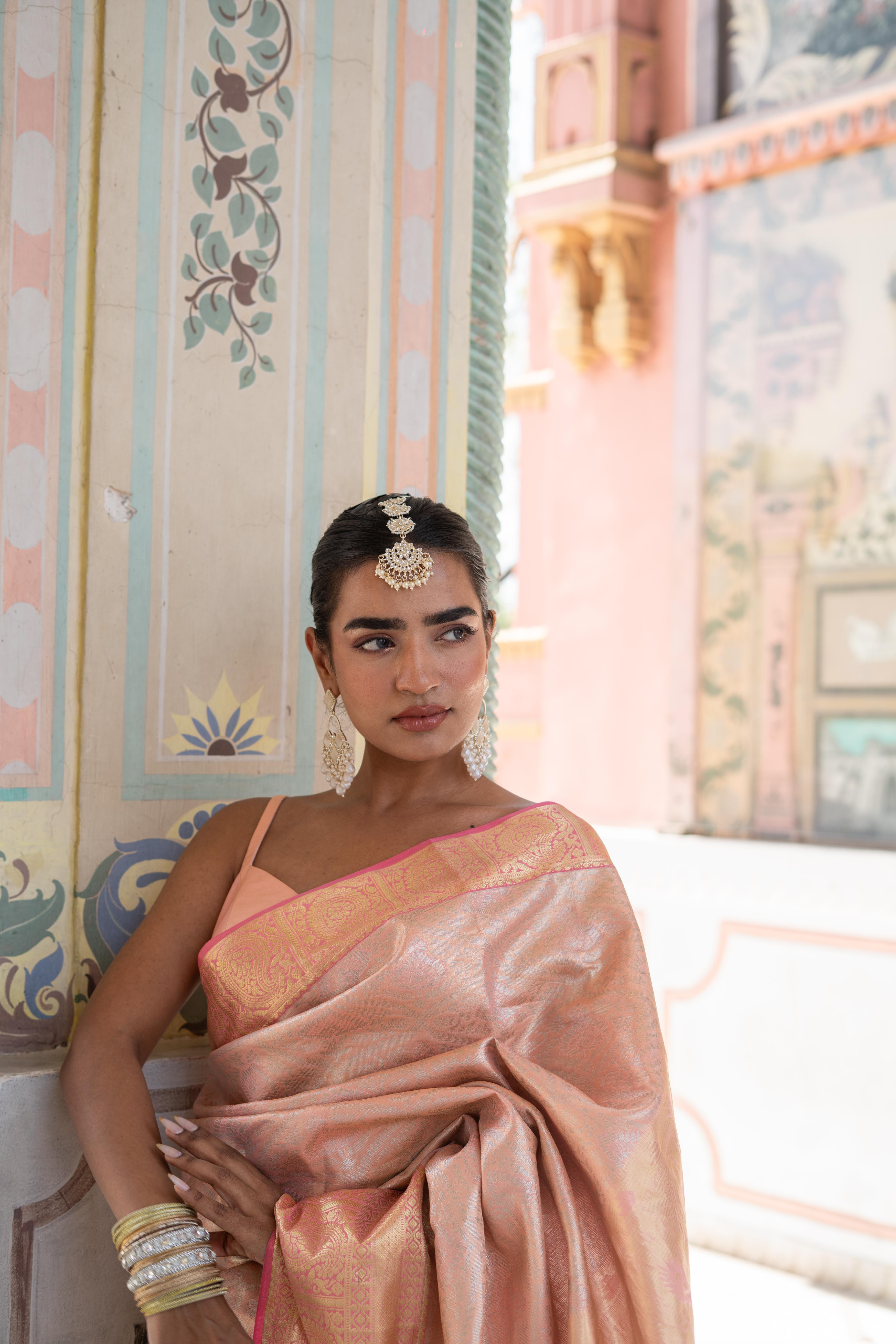 Peach-Gold Banarasi Silk Saree!