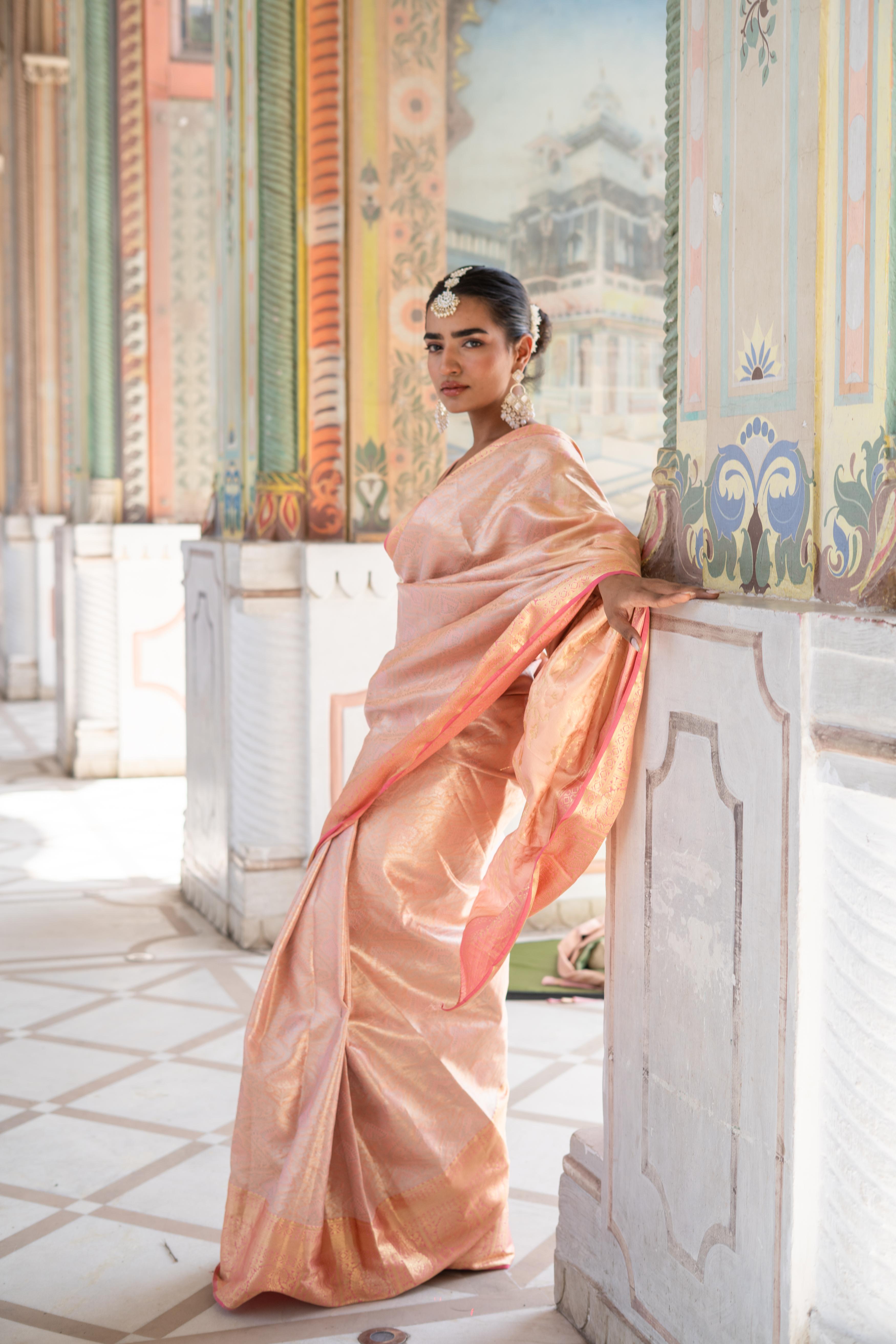 Peach-Gold Banarasi Silk Saree!