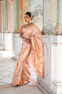 Peach-Gold Banarasi Silk Saree!