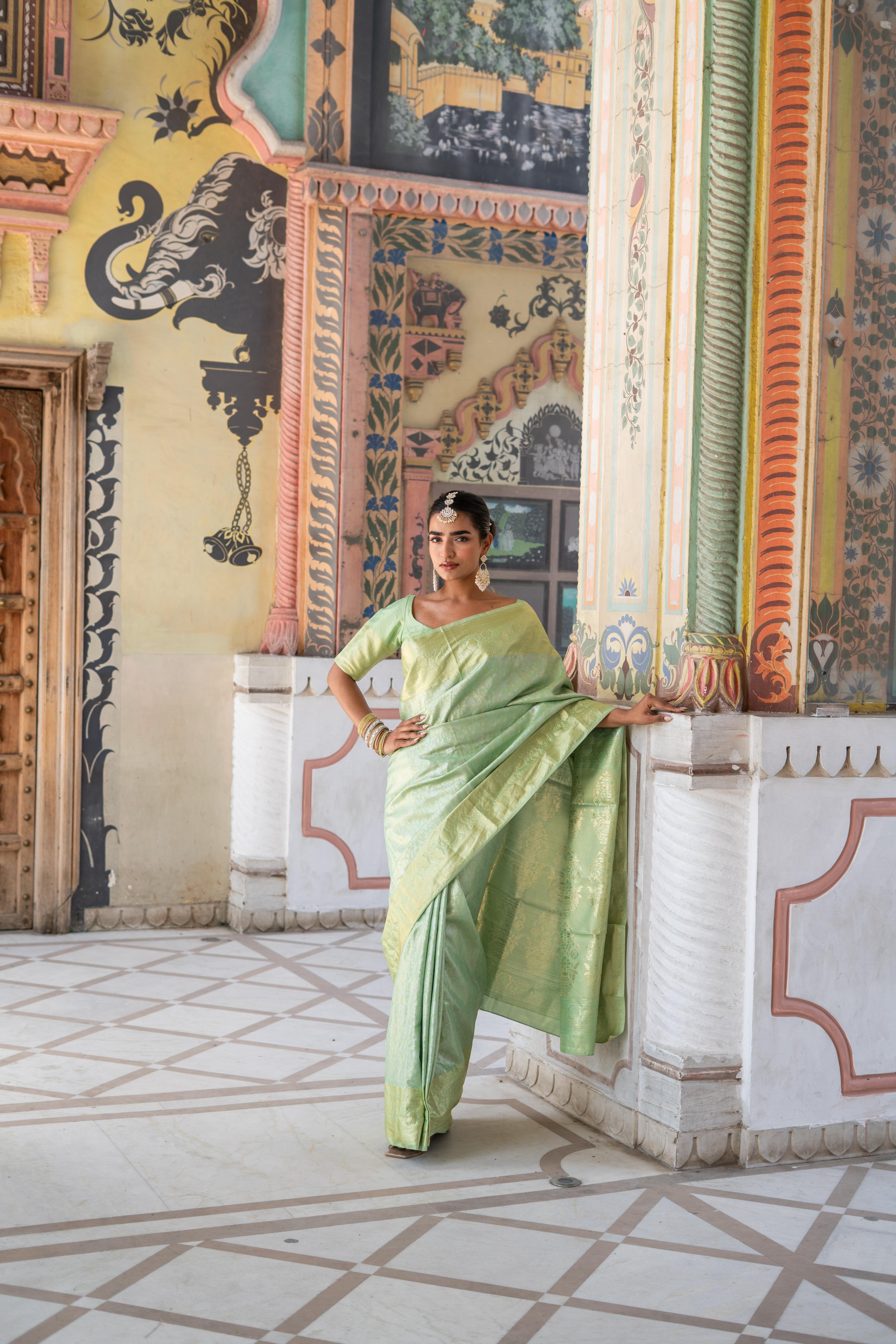 Mint Green Banarasi Silk Saree with Subtle Gold Zari Weave!