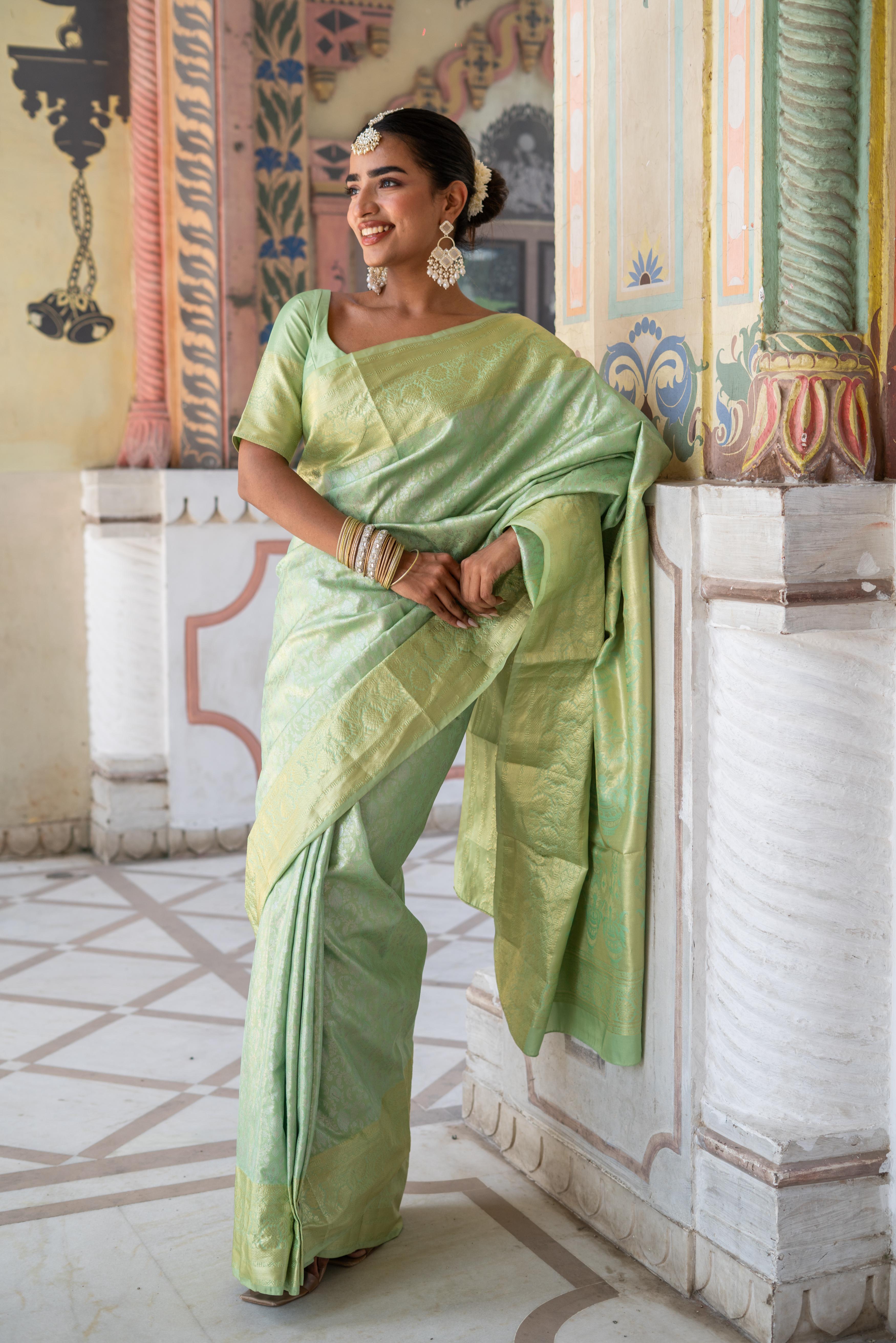 Mint Green Banarasi Silk Saree with Subtle Gold Zari Weave!