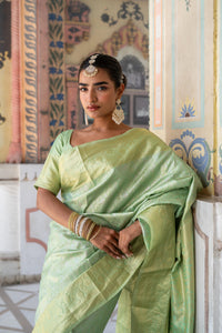 Mint Green Banarasi Silk Saree with Subtle Gold Zari Weave!