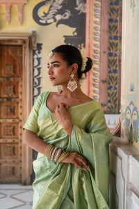 Mint Green Banarasi Silk Saree with Subtle Gold Zari Weave!