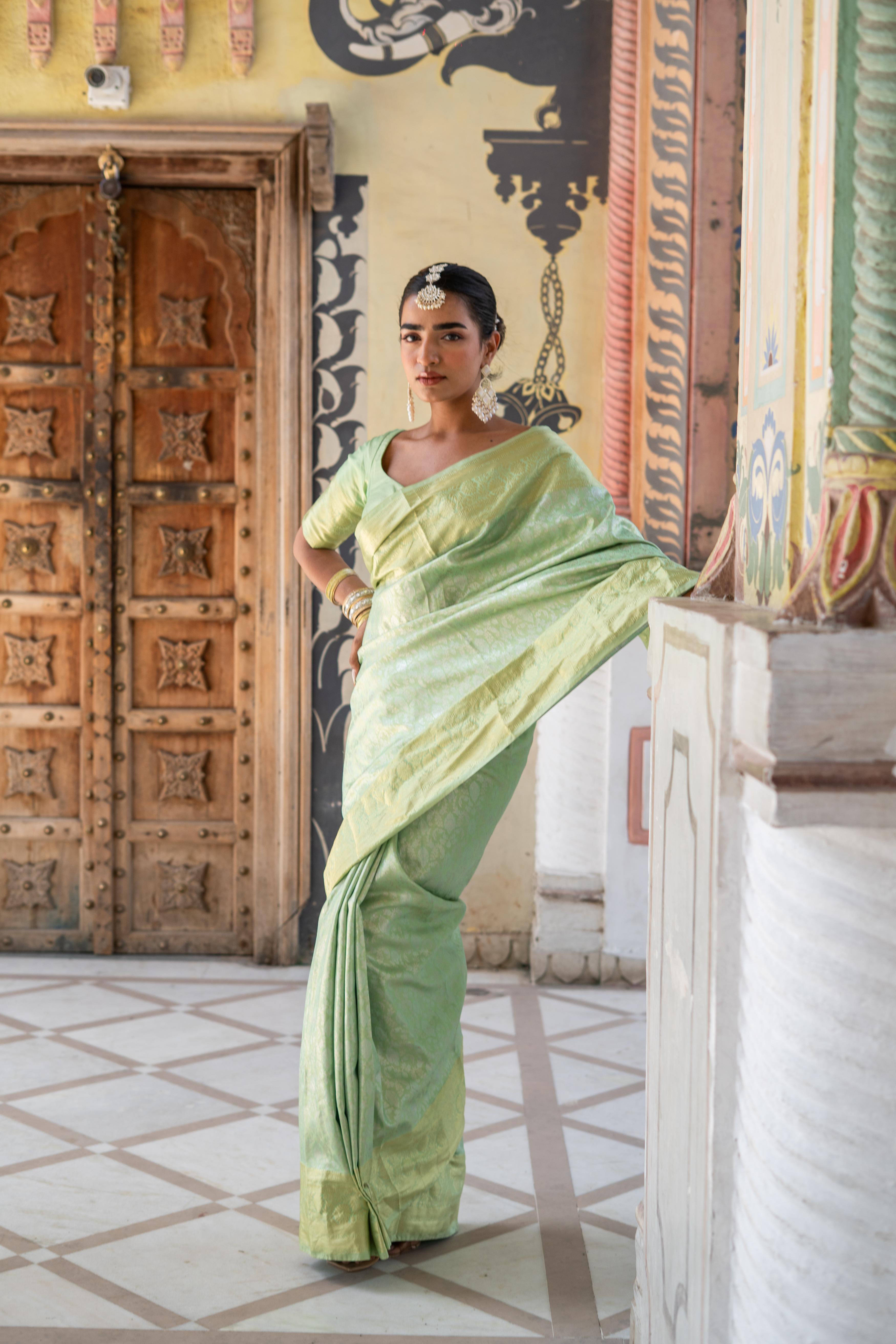 Mint Green Banarasi Silk Saree with Subtle Gold Zari Weave!
