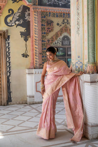 Blush Pink Banarasi Silk Saree with Gold Zari Detailing!