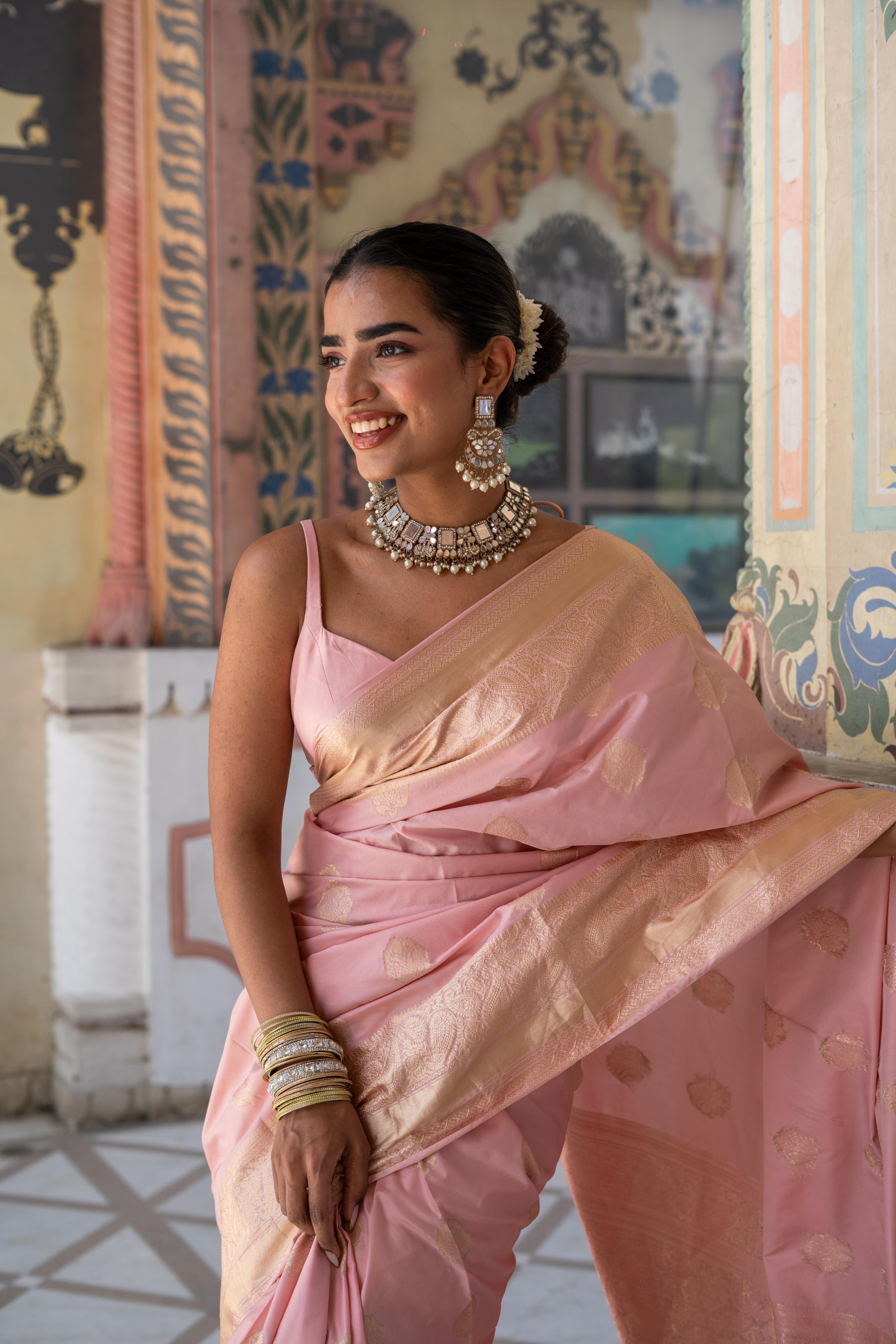 Blush Pink Banarasi Silk Saree with Gold Zari Detailing!