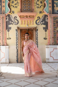 Blush Pink Banarasi Silk Saree with Gold Zari Detailing!