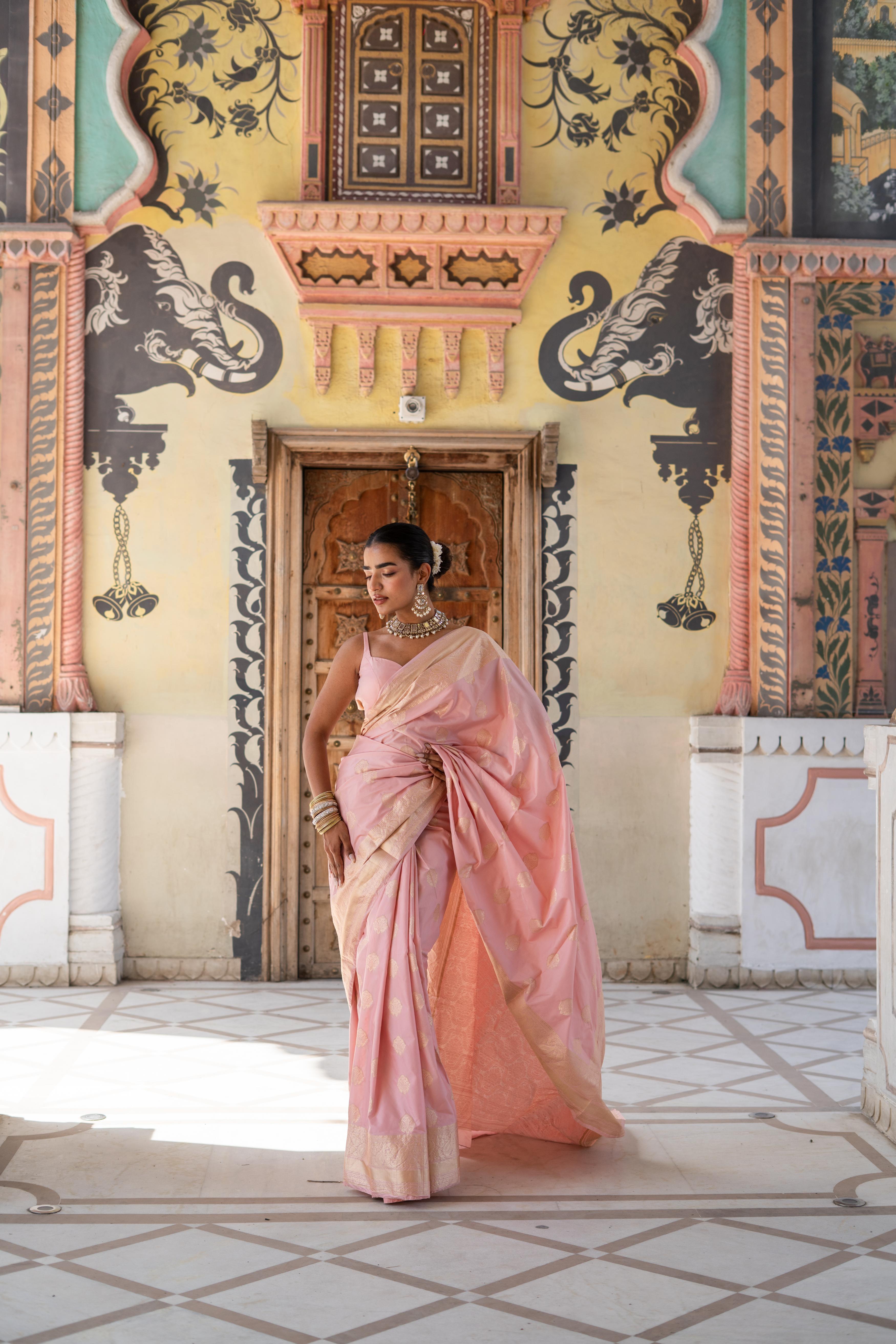 Blush Pink Banarasi Silk Saree with Gold Zari Detailing!