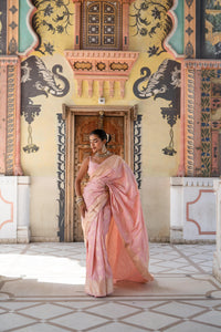 Blush Pink Banarasi Silk Saree with Gold Zari Detailing!