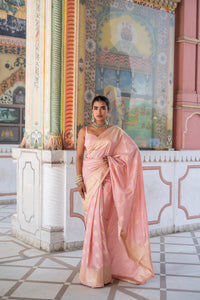Blush Pink Banarasi Silk Saree with Gold Zari Detailing!