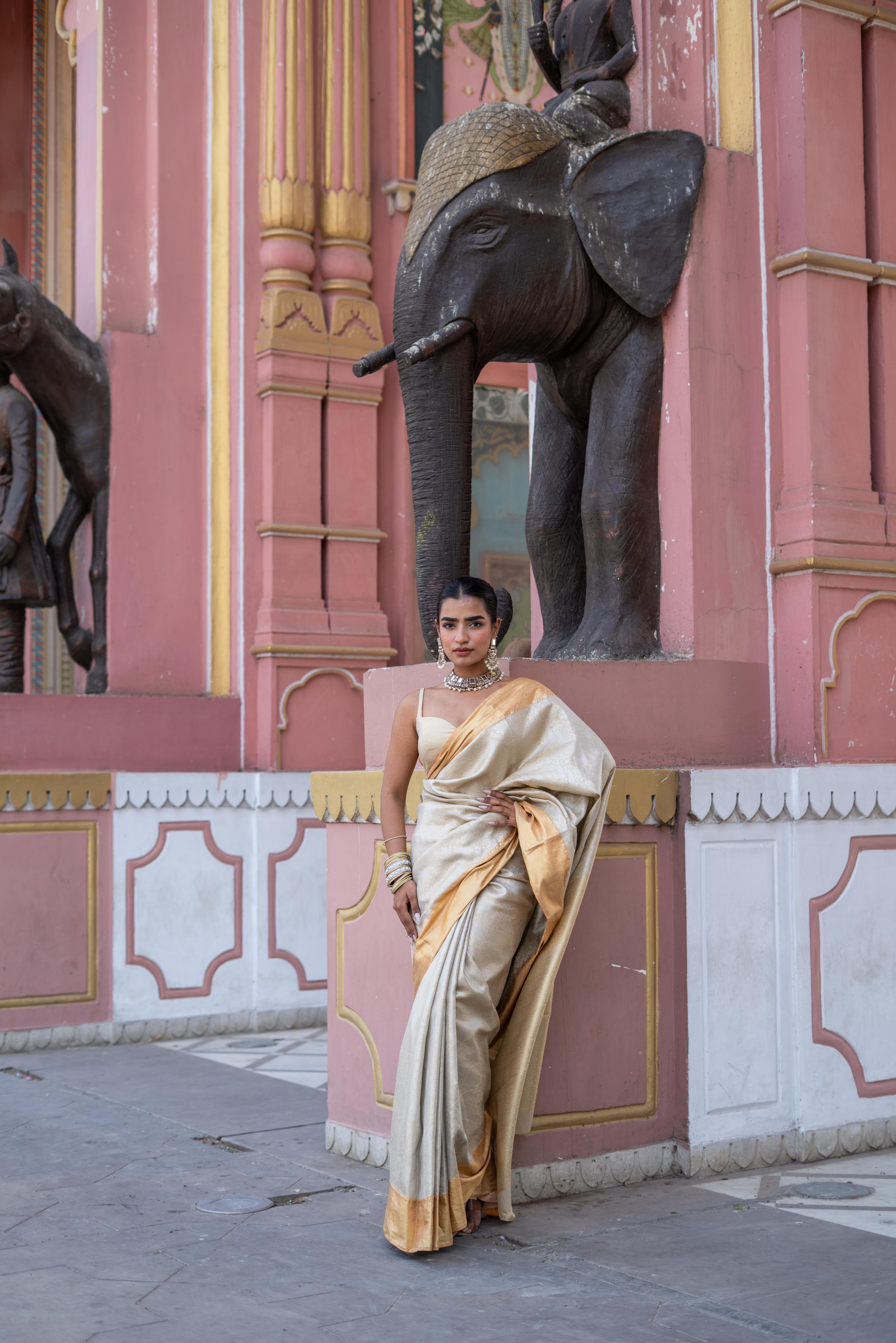 Ivory Gold Handwoven Silk Saree with Zari Border!
