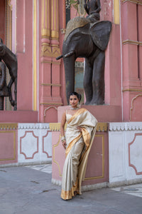 Ivory Gold Handwoven Silk Saree with Zari Border!