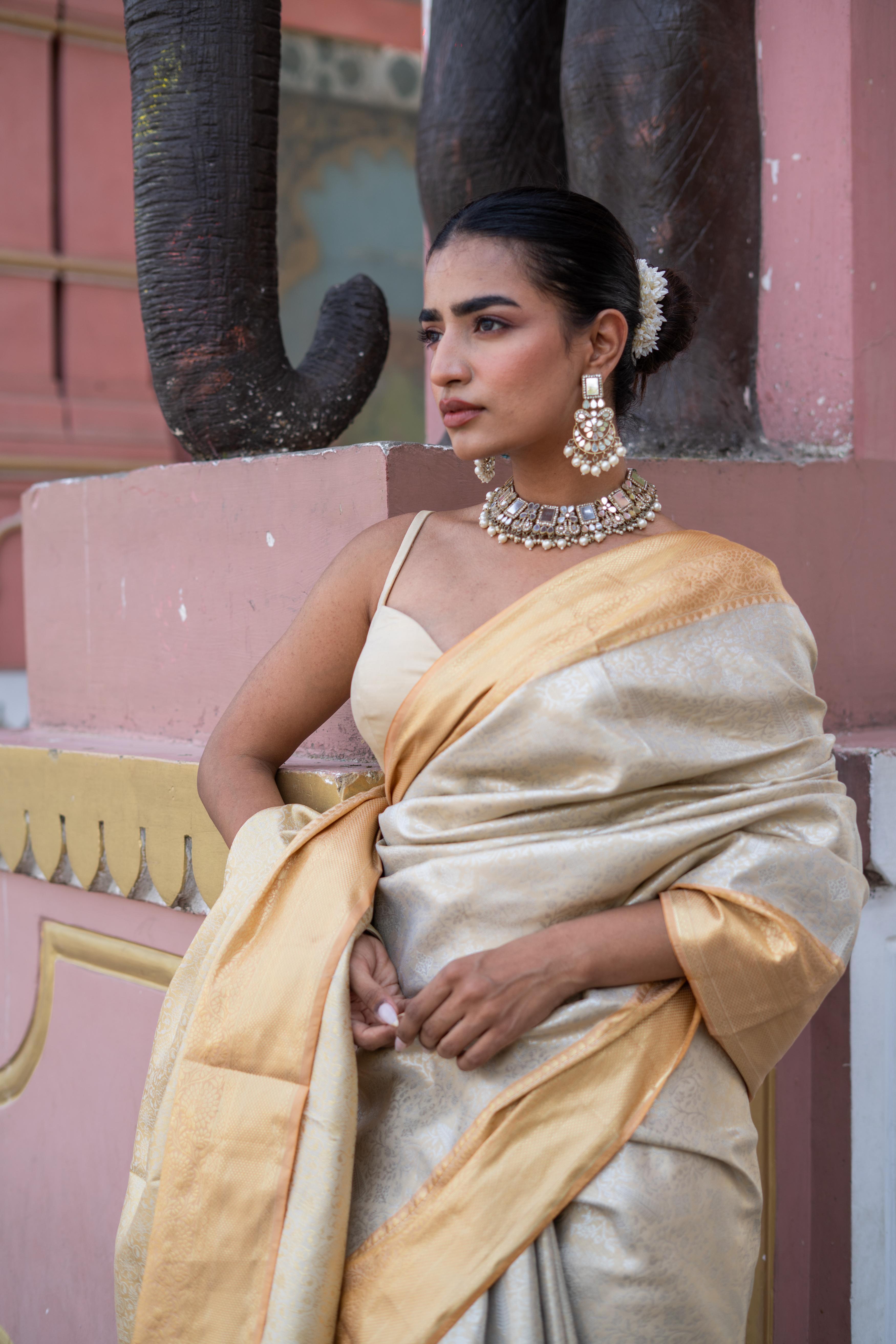 Ivory Gold Handwoven Silk Saree with Zari Border!
