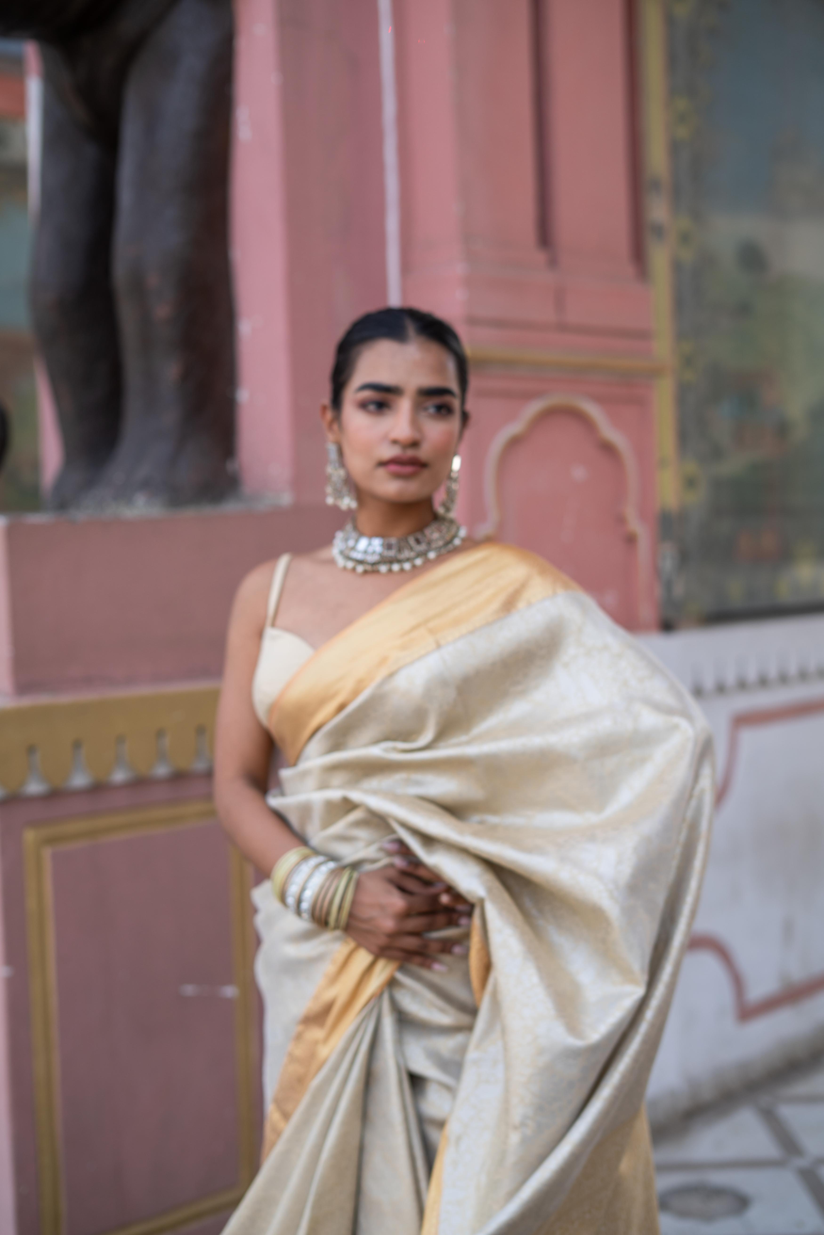 Ivory Gold Handwoven Silk Saree with Zari Border!