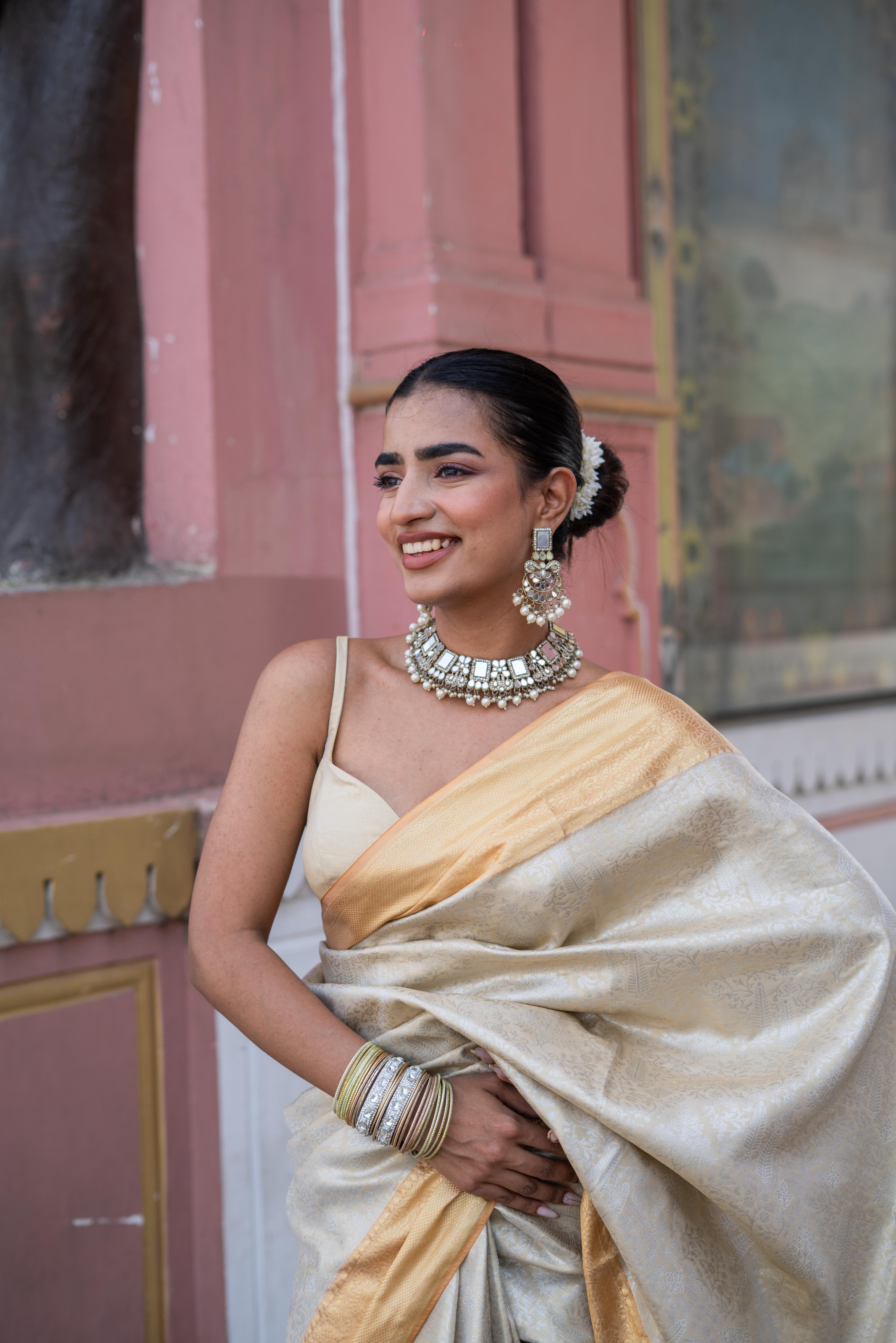 Ivory Gold Handwoven Silk Saree with Zari Border!