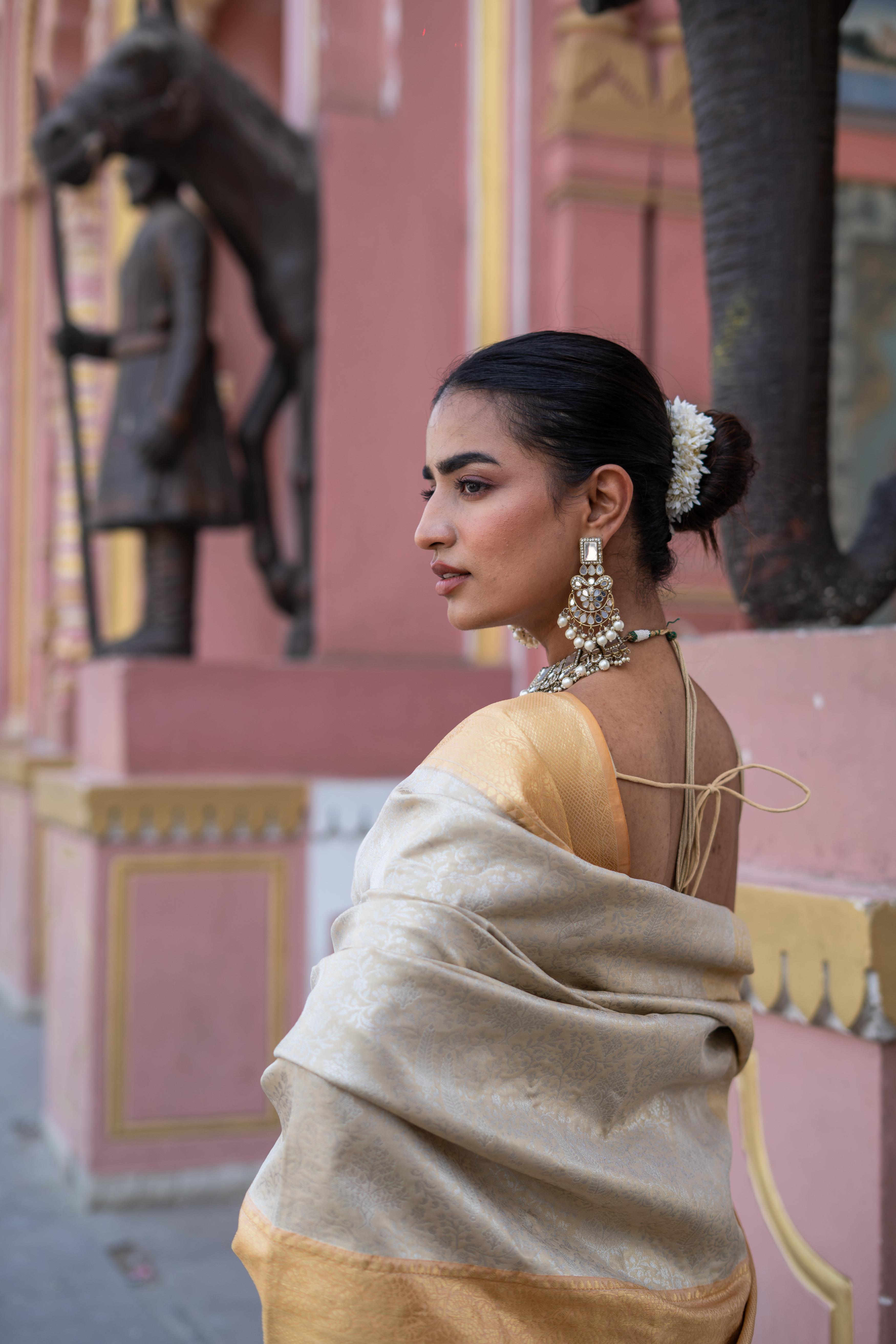 Ivory Gold Handwoven Silk Saree with Zari Border!