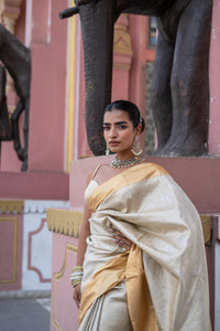 Ivory Gold Handwoven Silk Saree with Zari Border!