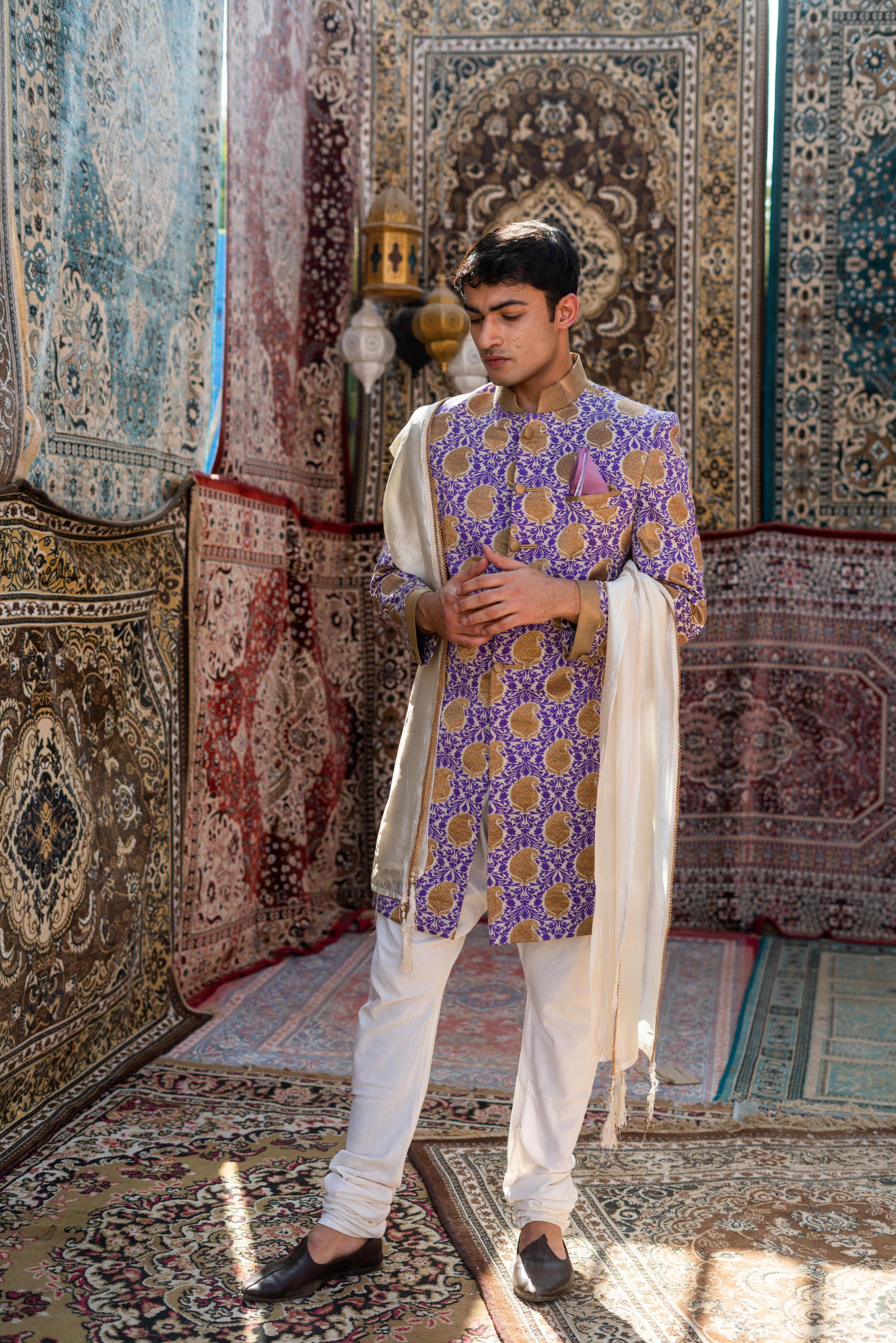 TCR Men Purple Shervani With Gold Embroidery !