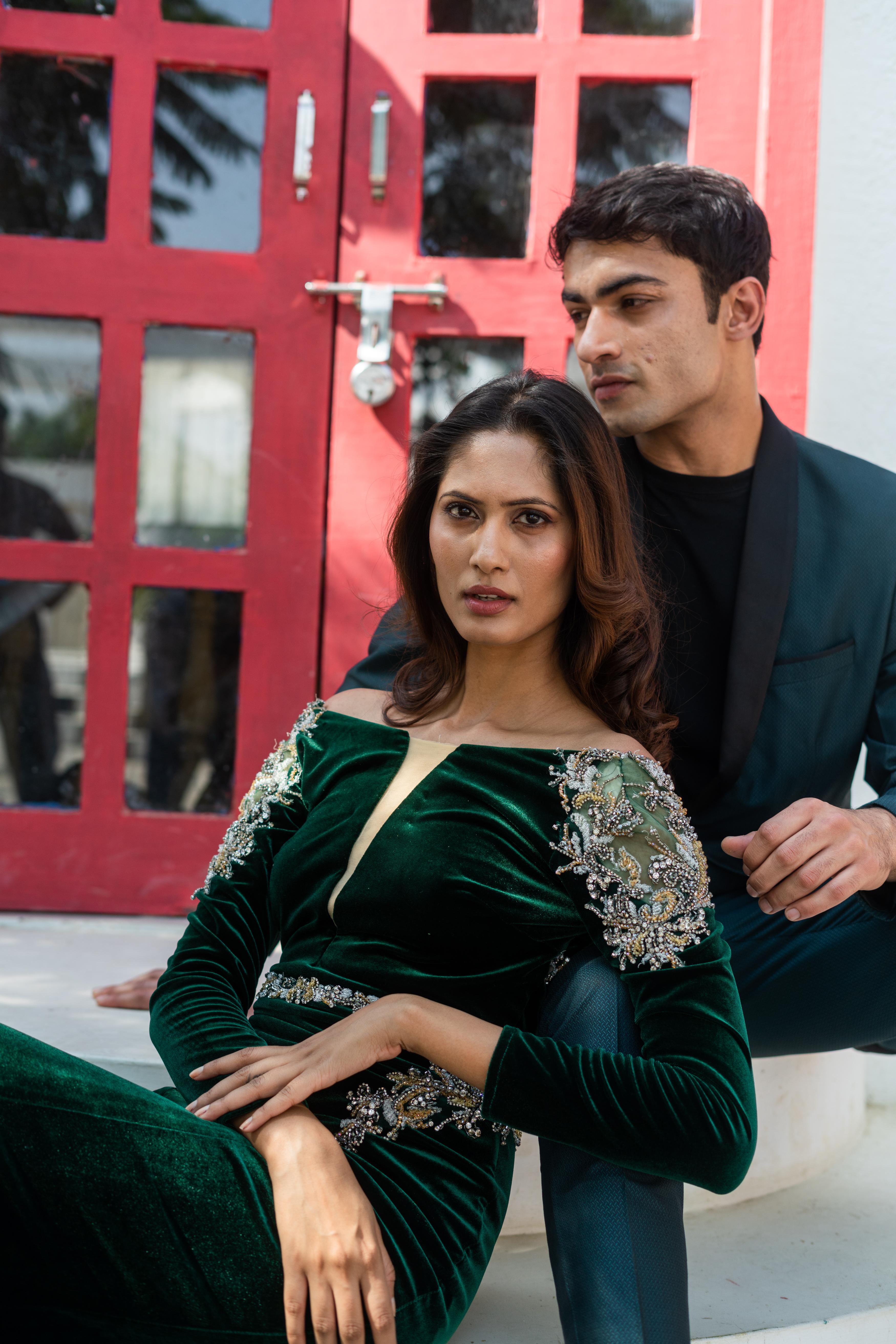 Emerald Green Velvet Off-Shoulder Gown !