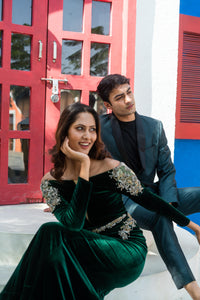 Emerald Green Velvet Off-Shoulder Gown !