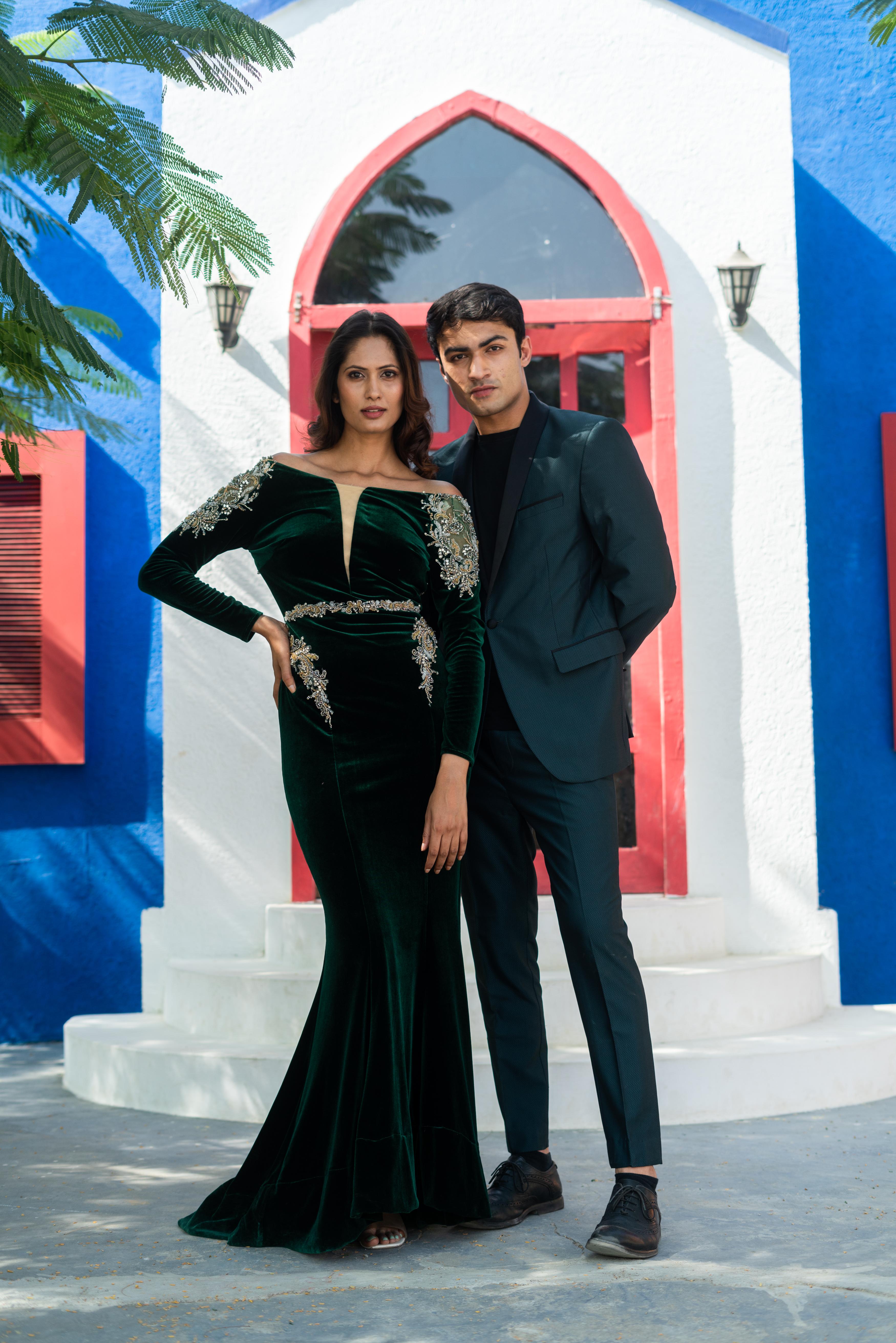 Emerald Green Velvet Off-Shoulder Gown !