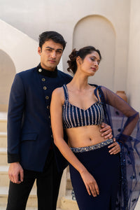 Midnight Blue Embellished Lehenga with Sheer Dupatta!