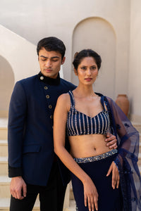 Midnight Blue Embellished Lehenga with Sheer Dupatta!