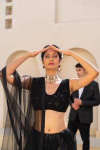 Black Sequin Embellished Lehenga Set with Sheer Dupatta