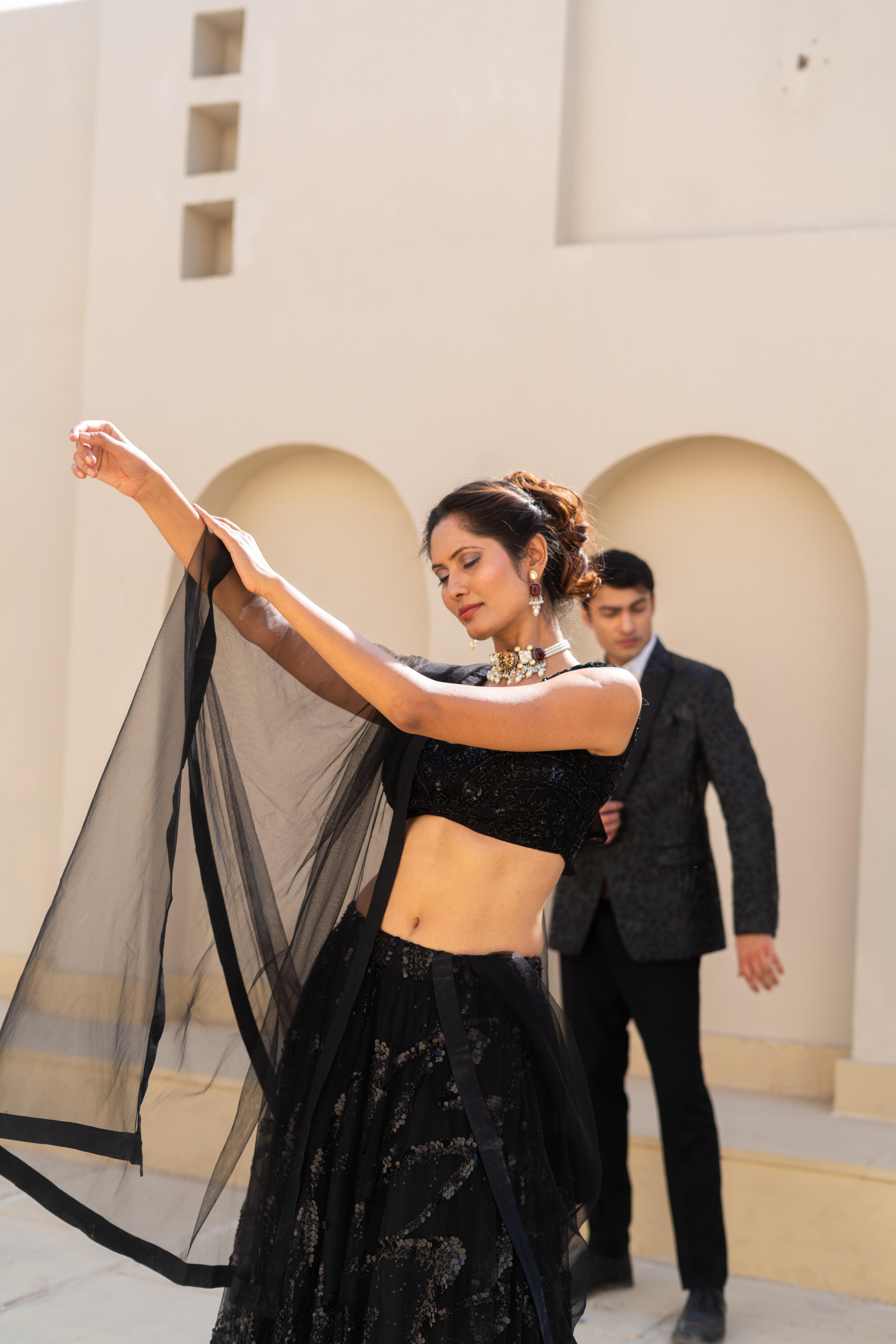 Black Sequin Embellished Lehenga Set with Sheer Dupatta