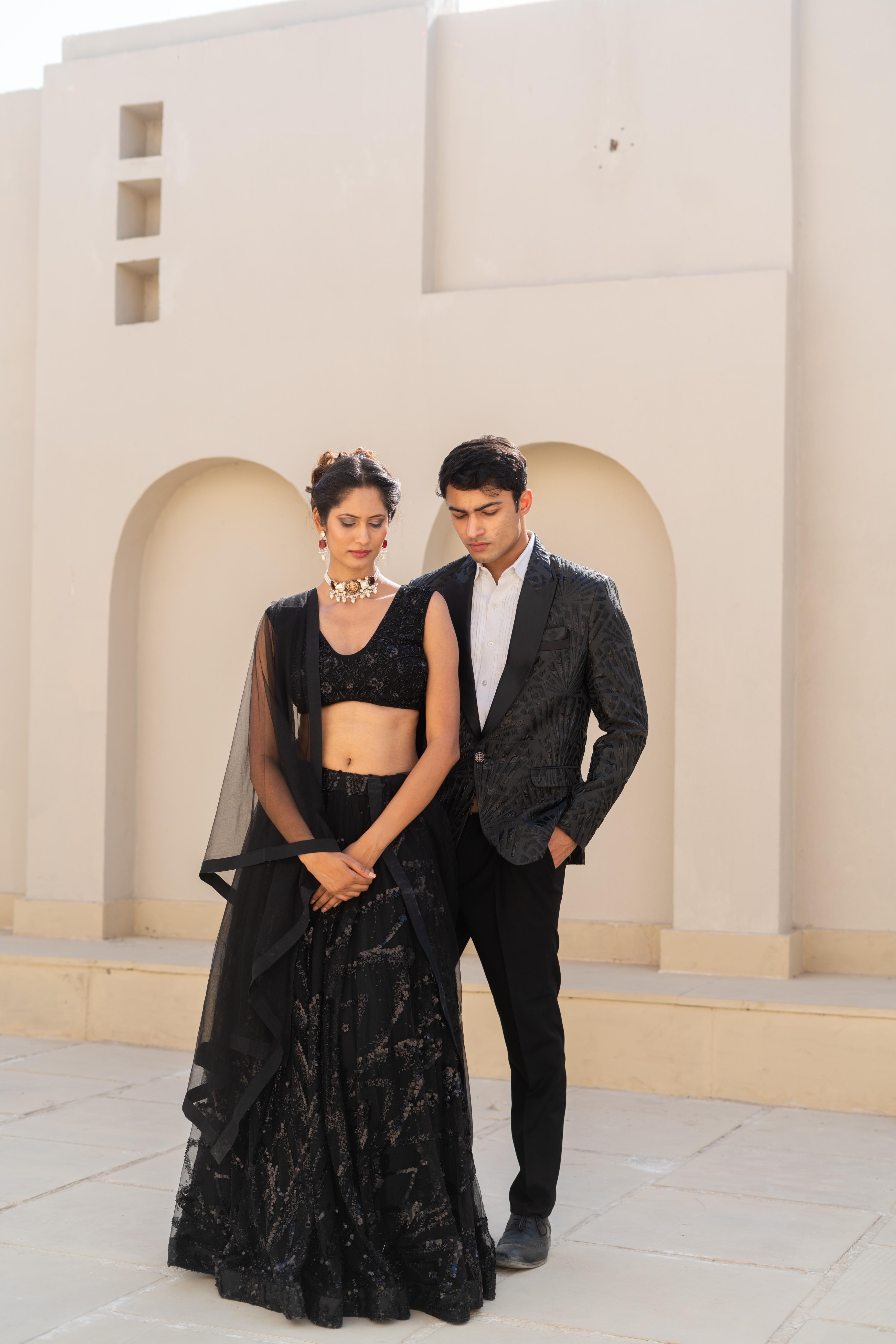 Black Sequin Embellished Lehenga Set with Sheer Dupatta