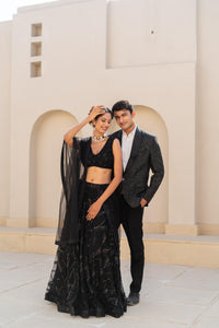 Black Sequin Embellished Lehenga Set with Sheer Dupatta