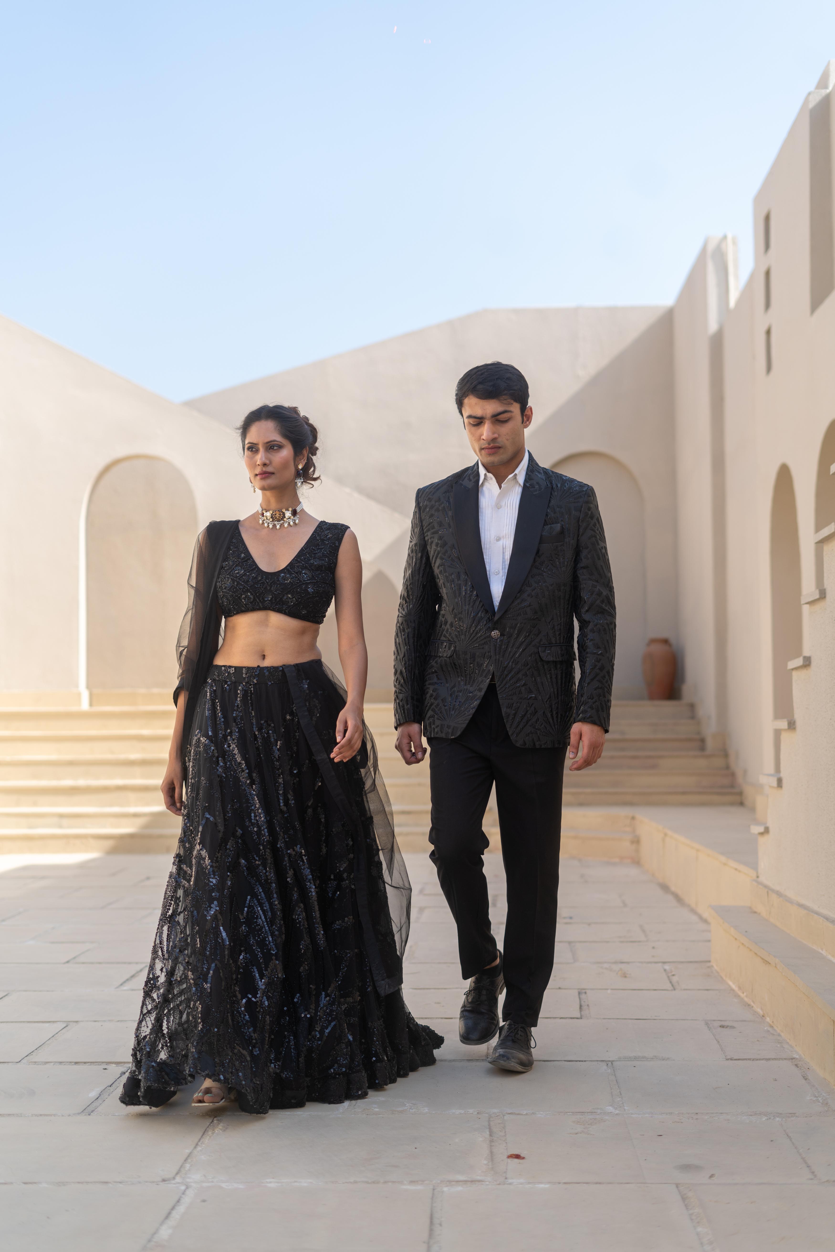 Black Sequin Embellished Lehenga Set with Sheer Dupatta