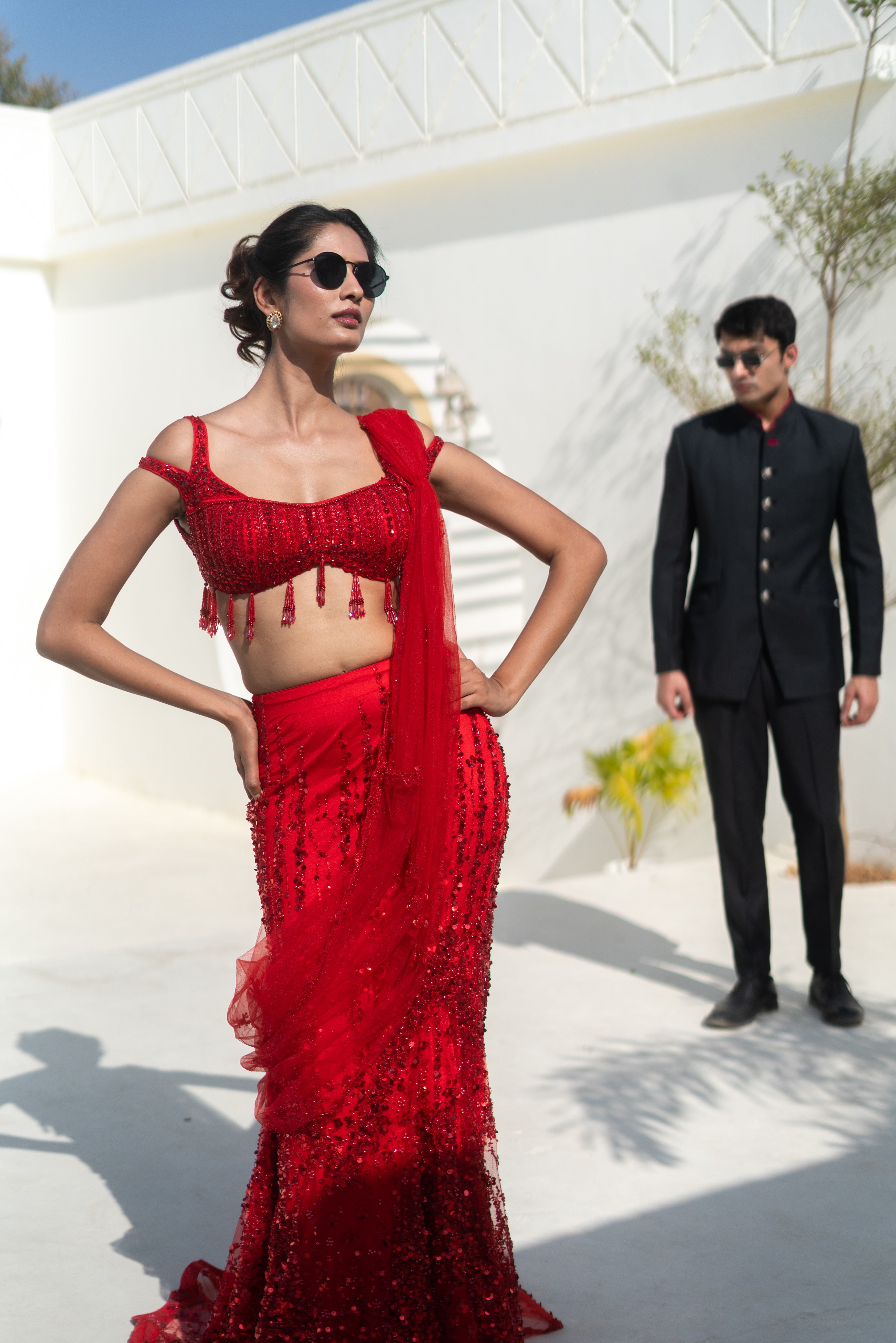 Red Sequin Embellished Designer Lehenga with Tassel Blouse!