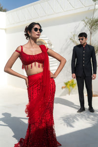 Red Sequin Embellished Designer Lehenga with Tassel Blouse!