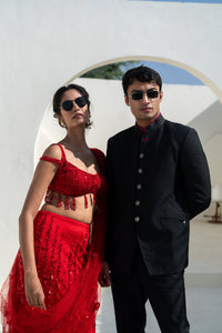 Black Bandhgala Suit with Contrast Red Detailing!