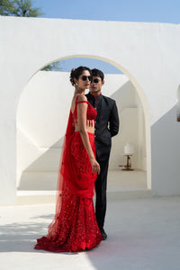 Black Bandhgala Suit with Contrast Red Detailing!