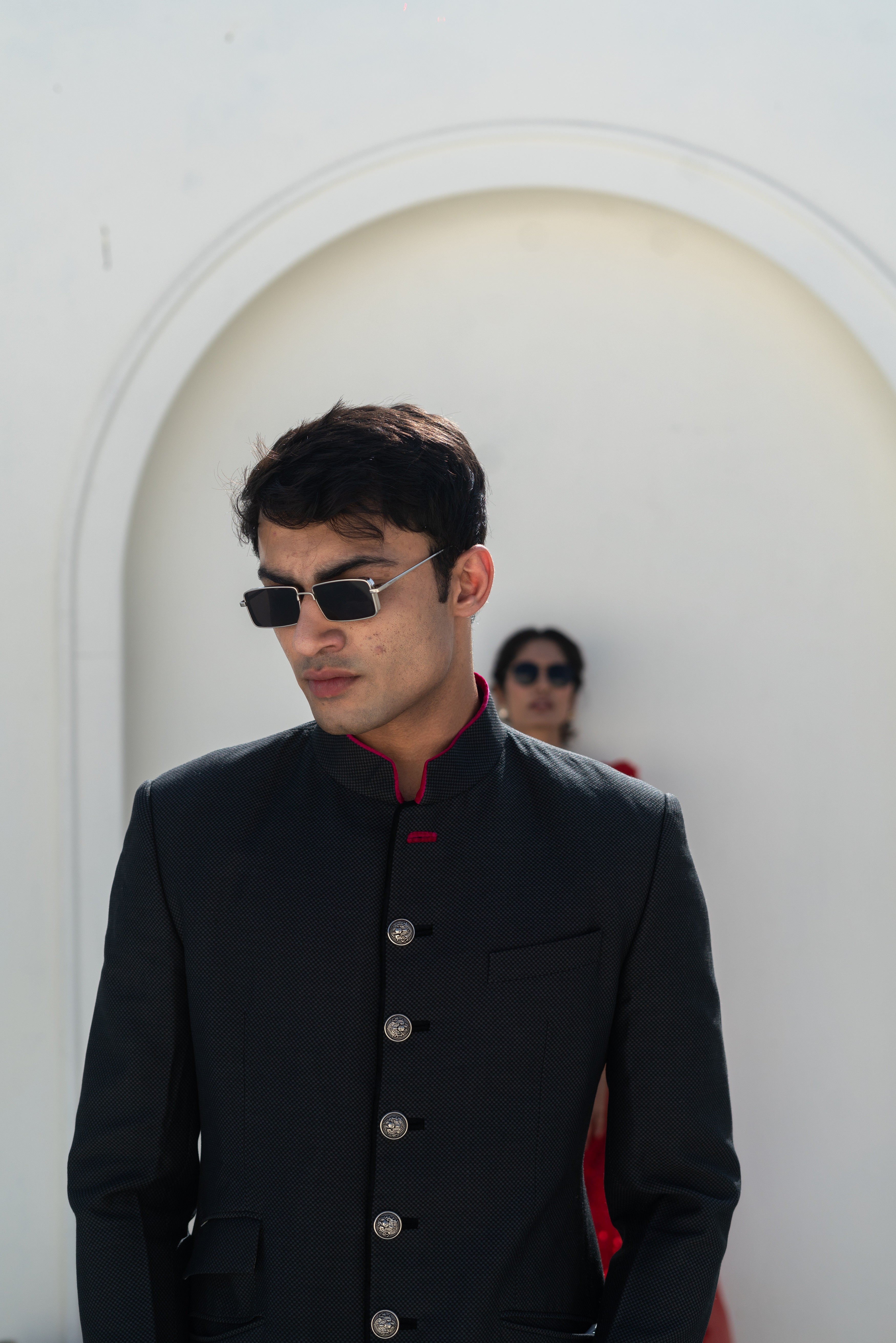 Black Bandhgala Suit with Contrast Red Detailing!