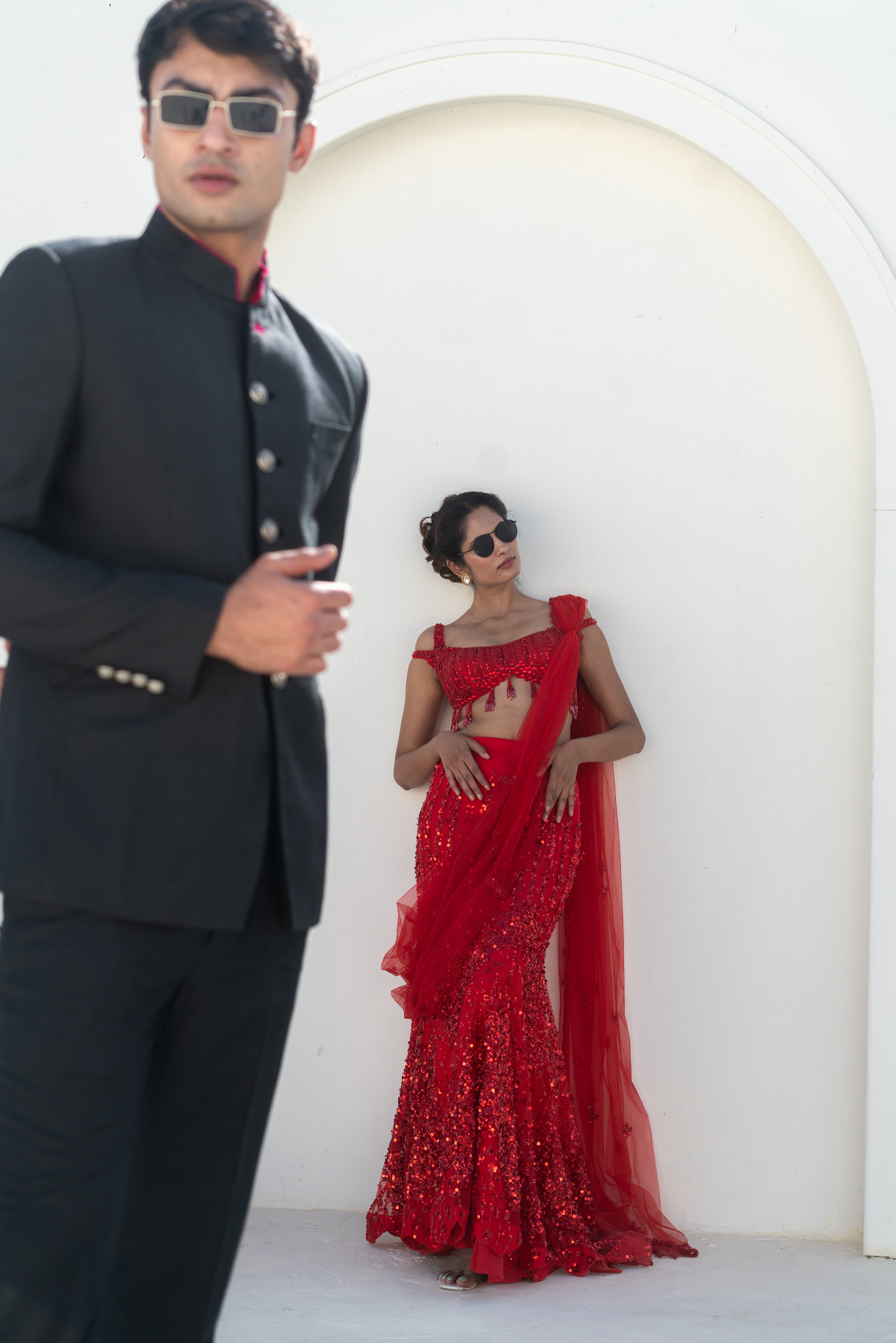 Black Bandhgala Suit with Contrast Red Detailing!