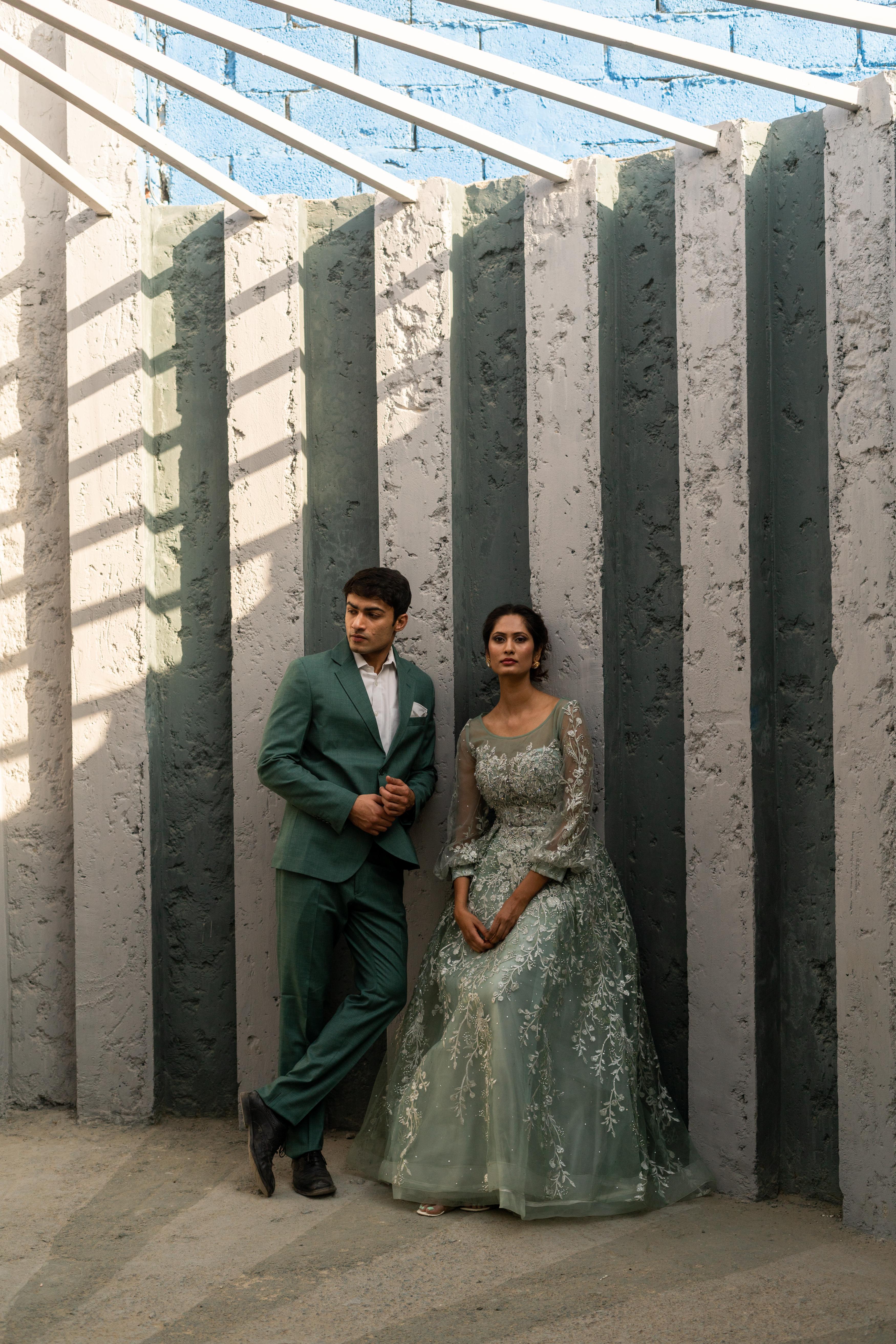 Pastel Sage Green Embroidered Net Gown with Sheer Sleeves!